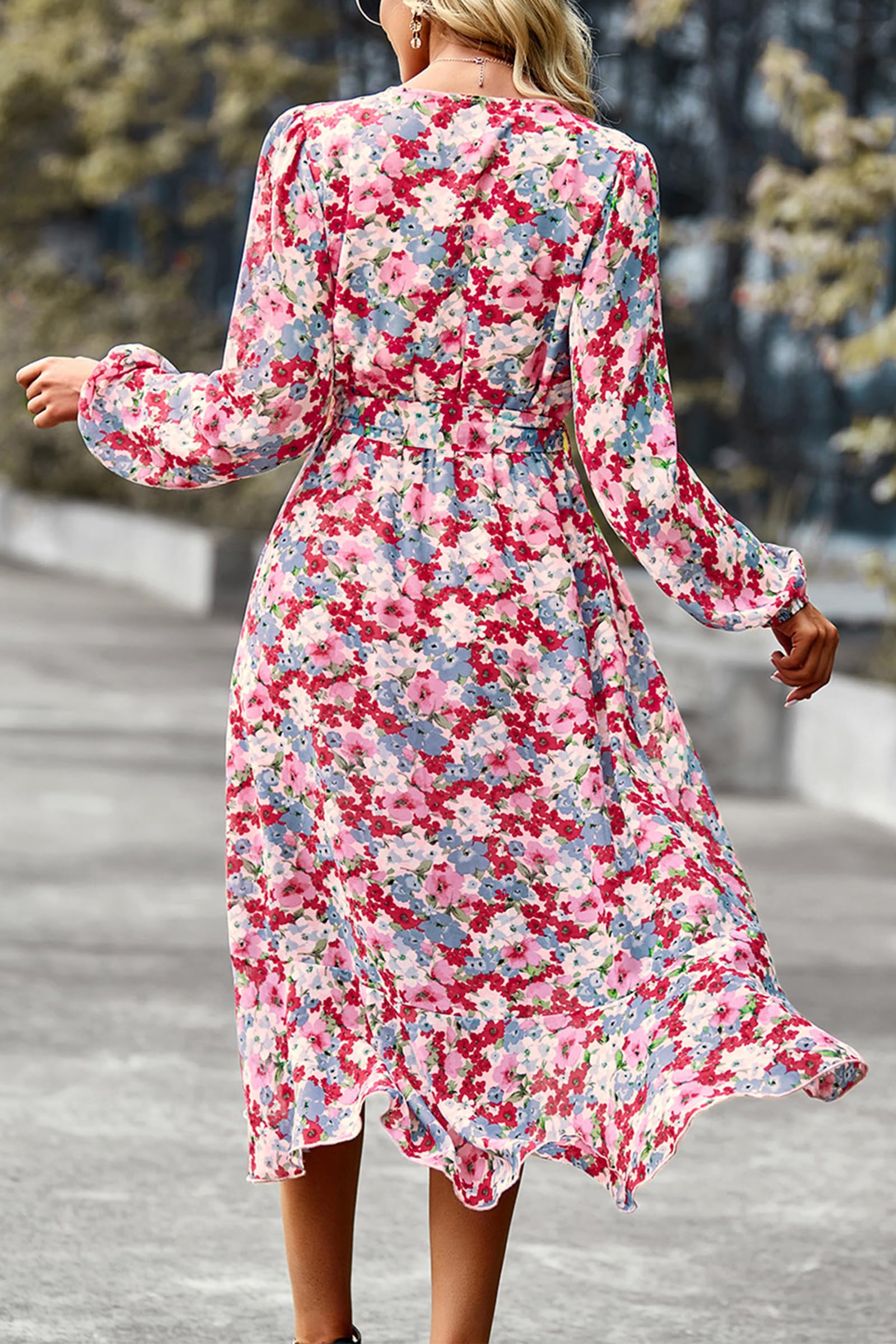 Women's Floral Boho Long Sleeve Maxi Dress, Floral Pink,S