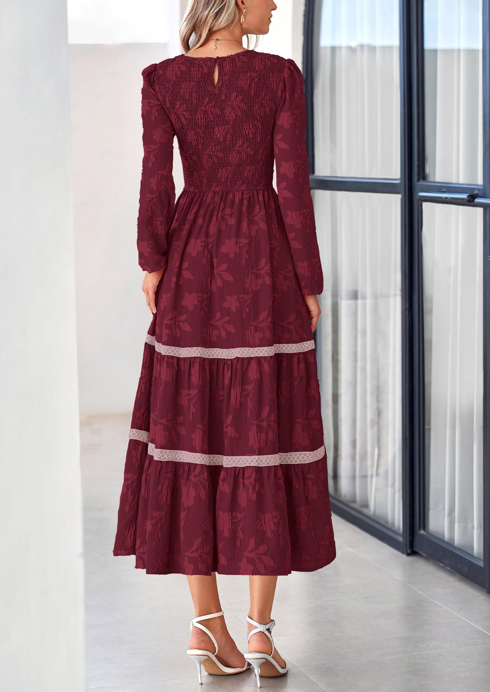 Women's Long Sleeve Boho Floral Midi Dress, Wine Red,S