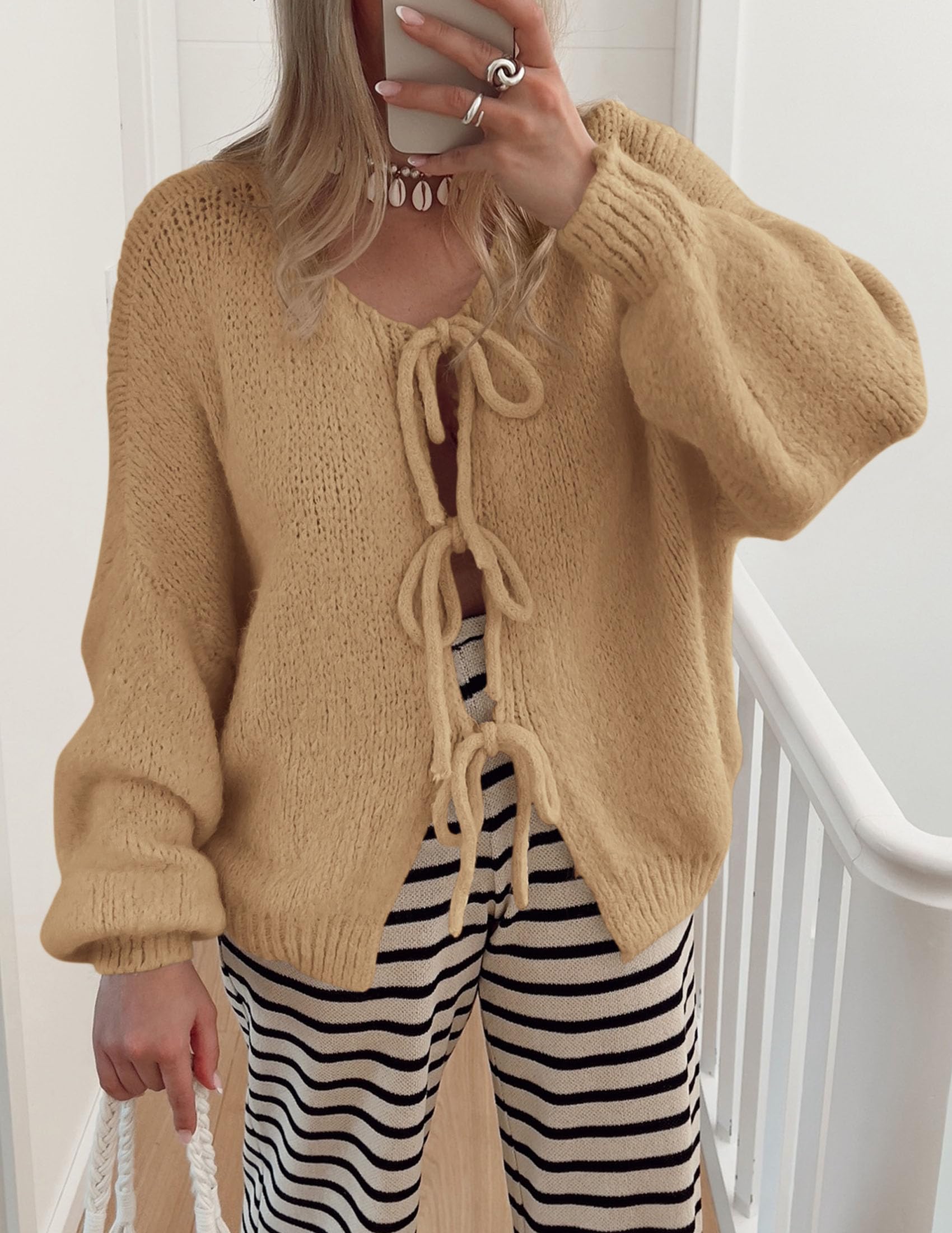 Women's Tie Front Bow Cardigan Sweaters(Khaki,Small)