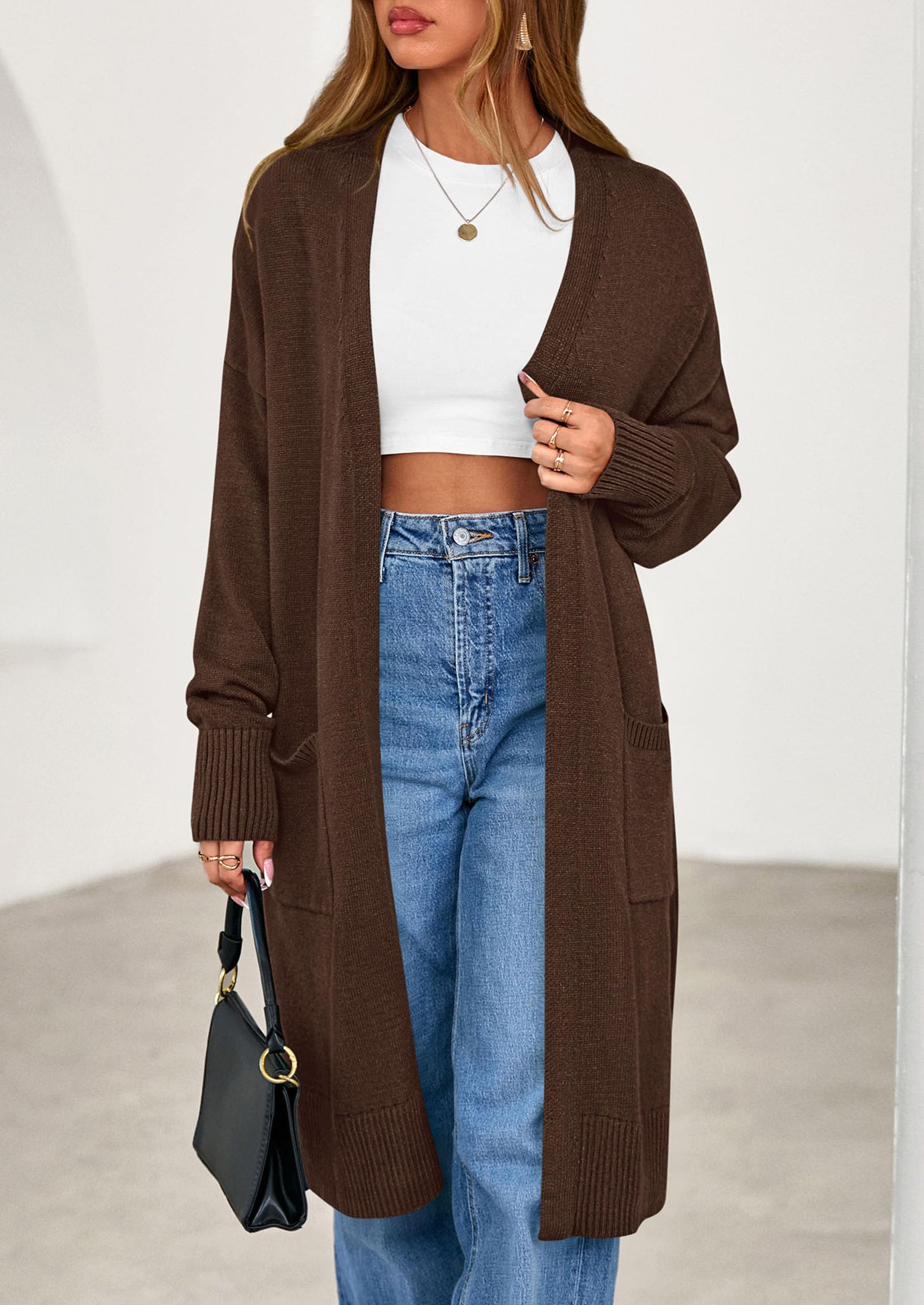 Women's Oversized Open Front Long Knit Cardigan,Brown,S