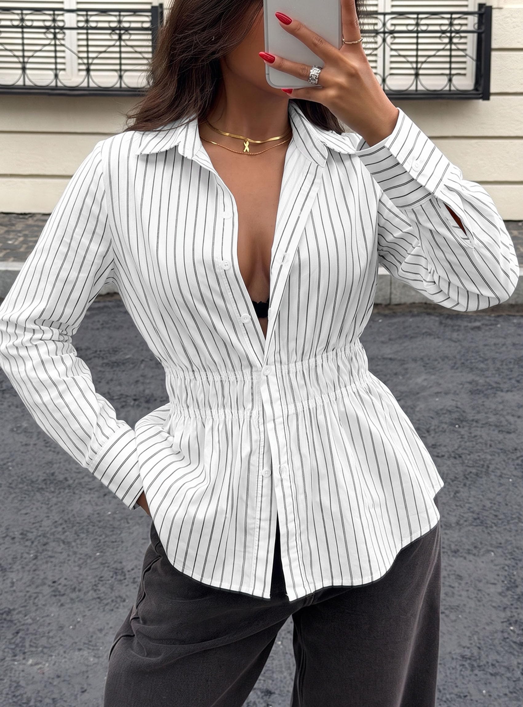Women's Peplum Button Down Work Shirts Business Casual Tops