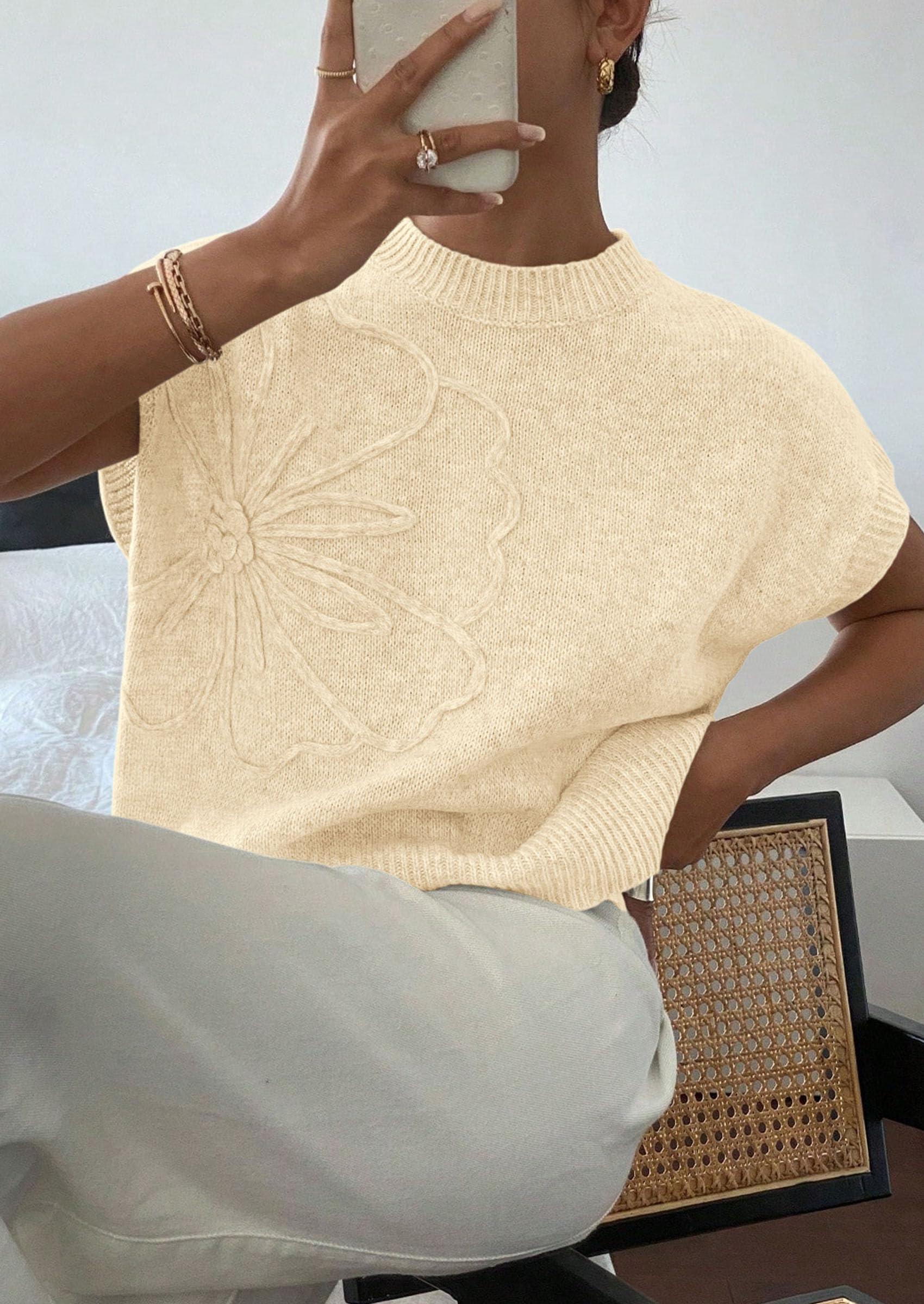 Women's Summer Short Cap Sleeve Sweater Vest (Apricot,S)