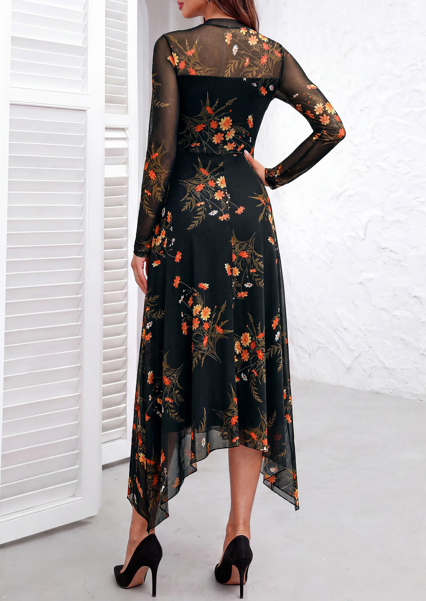 Women's Floral Mesh Midi Dress,Floral Black Yellow,L