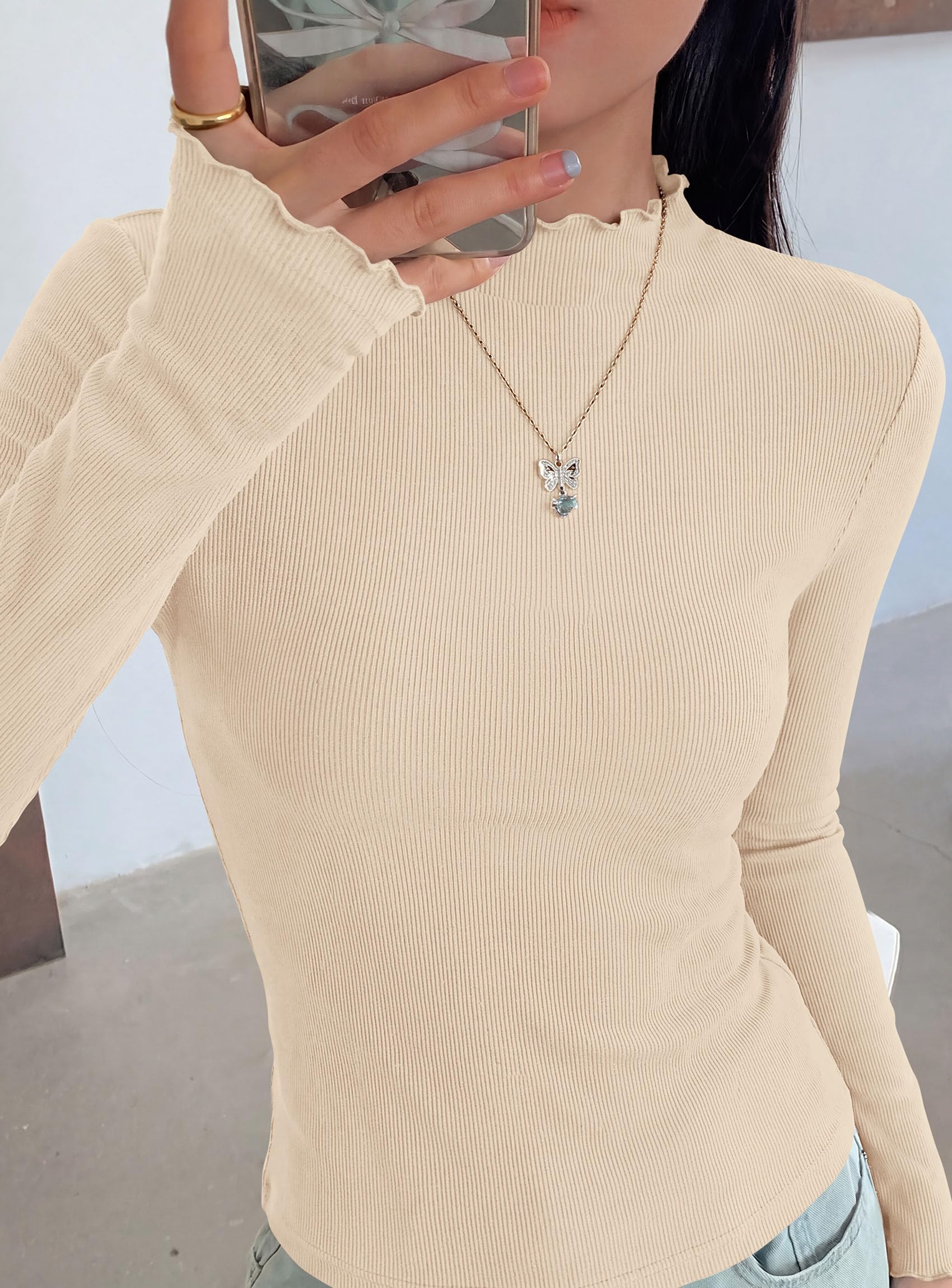 Women's Long Sleeve T Shirts Lettuce Trim Mock Neck Tops Beige