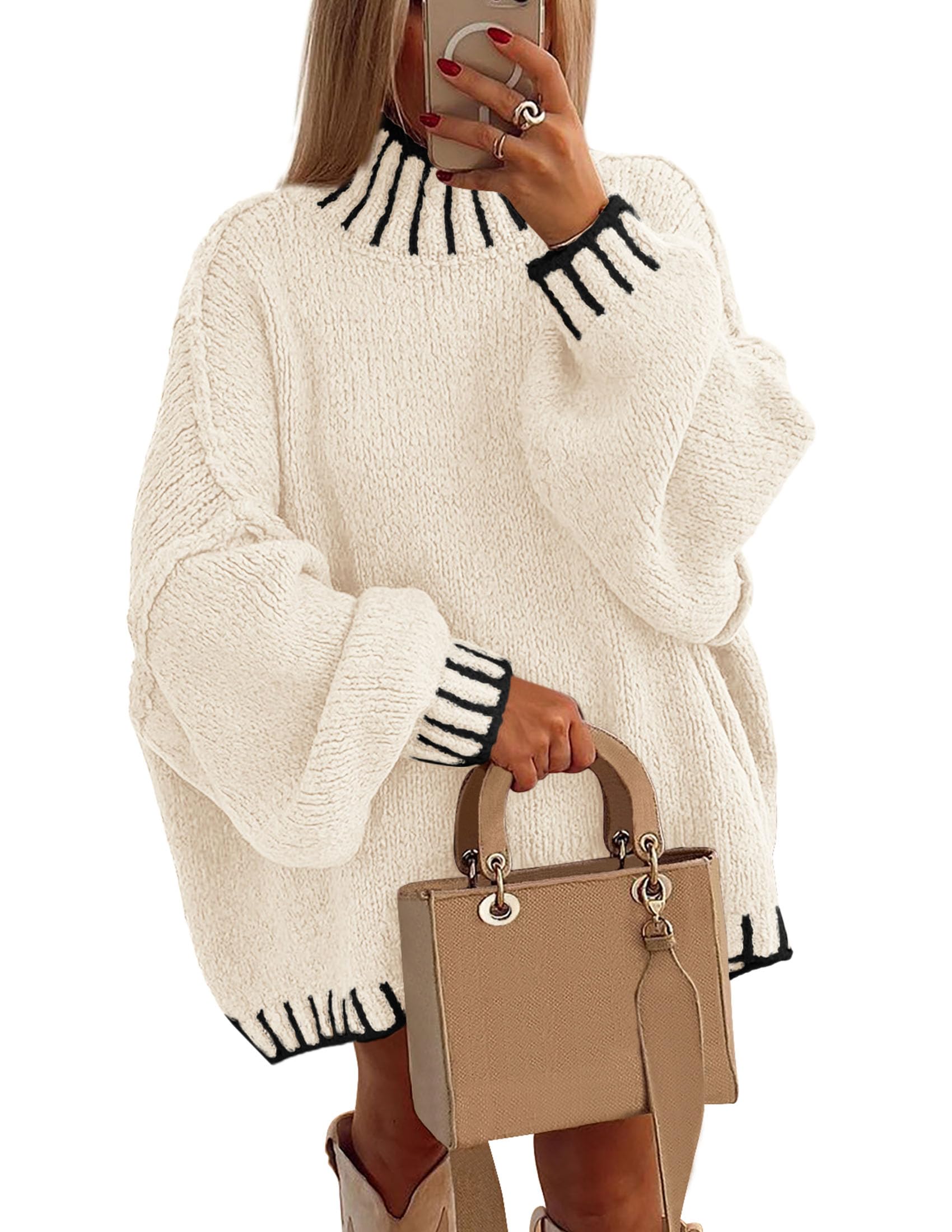 Women's Mock Neck Oversized Pullover Sweaters,White,M