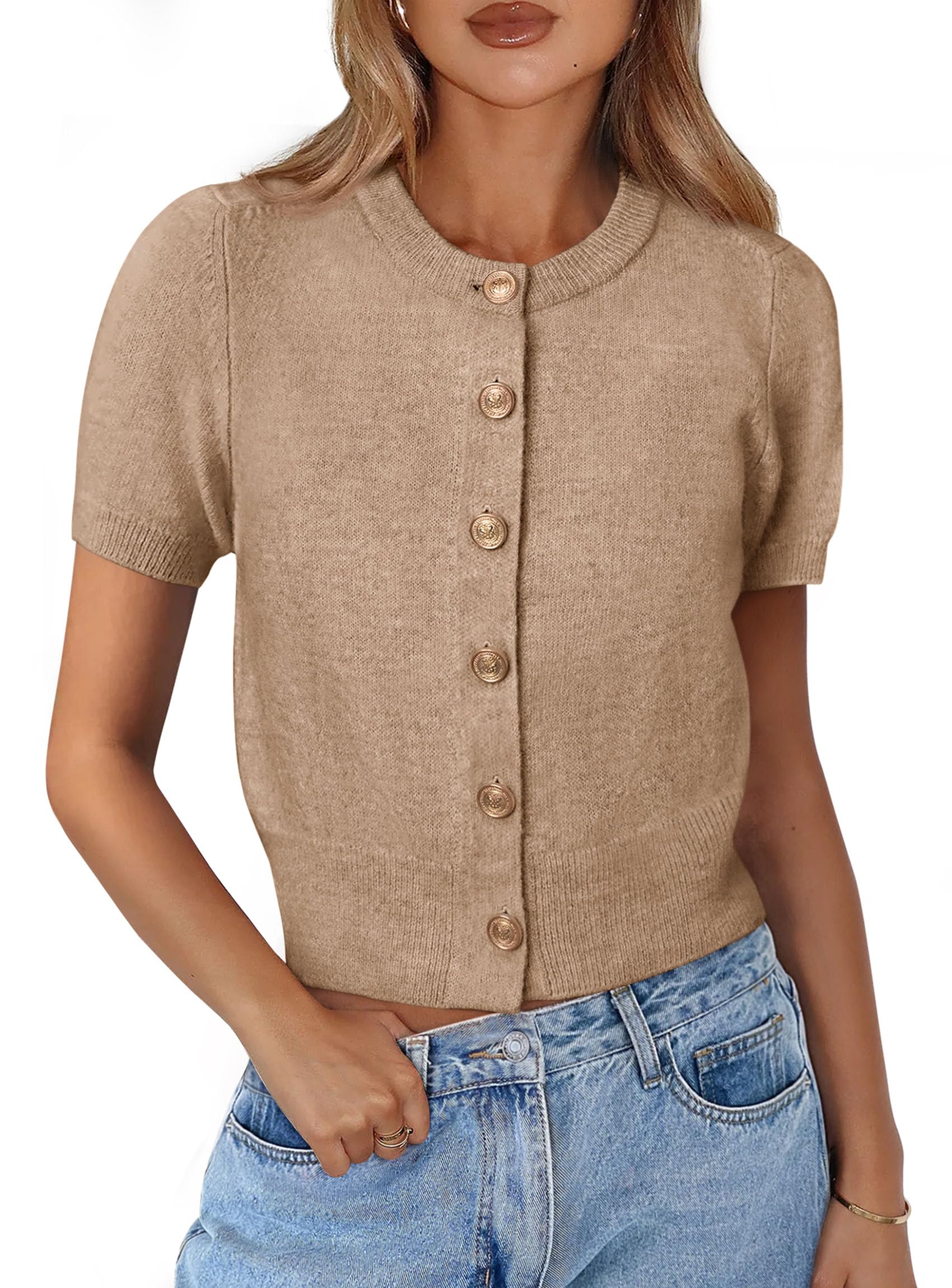 Womens Summer Cardigan Short Sleeve Sweater,Khaki,S