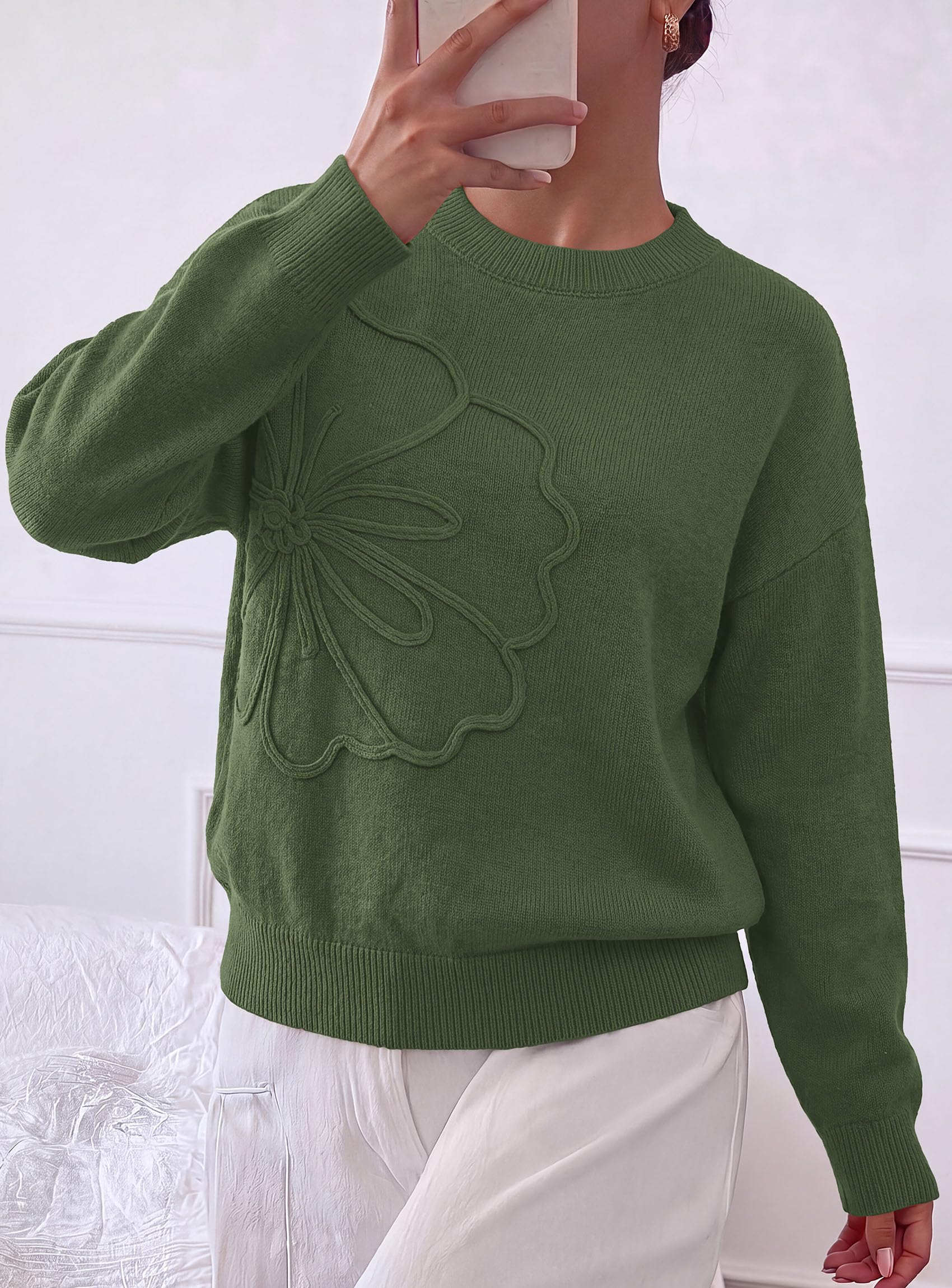 Womens Sweaters Floral Long Sleeve Knit Tops,Army Green,S