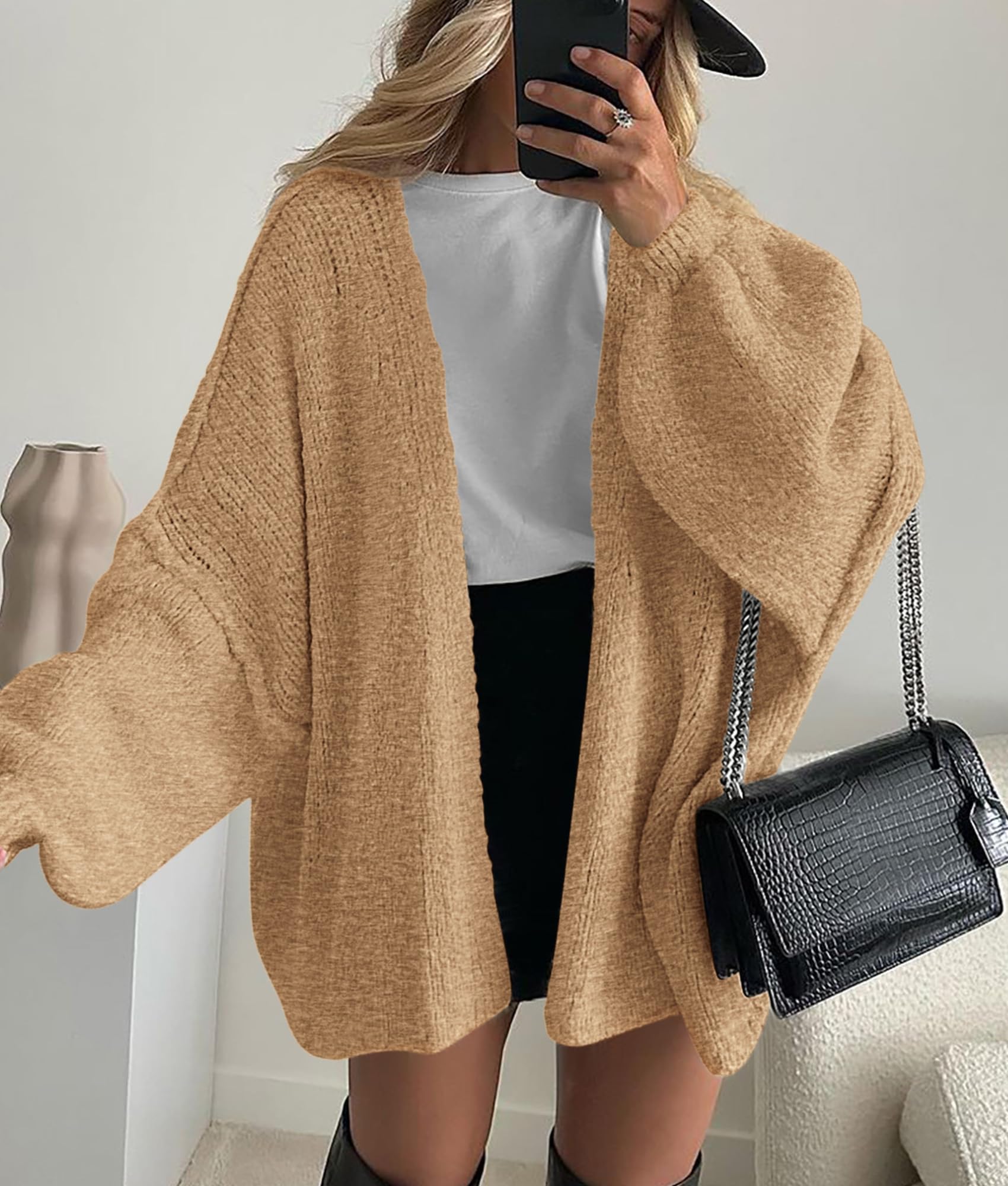 Womens Open Front Oversized Cardigan Sweaters,Camel,XS