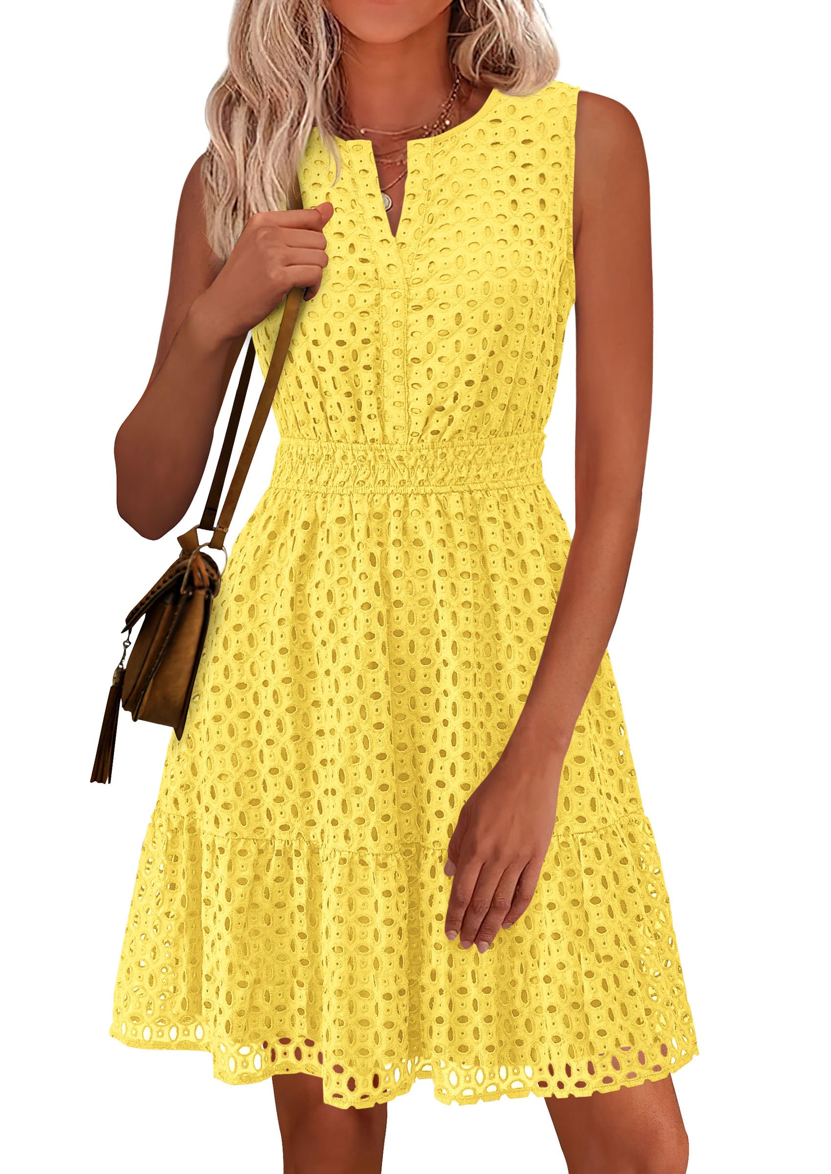 Women's Summer Eyelet A Line Short Dresses,Yellow,S