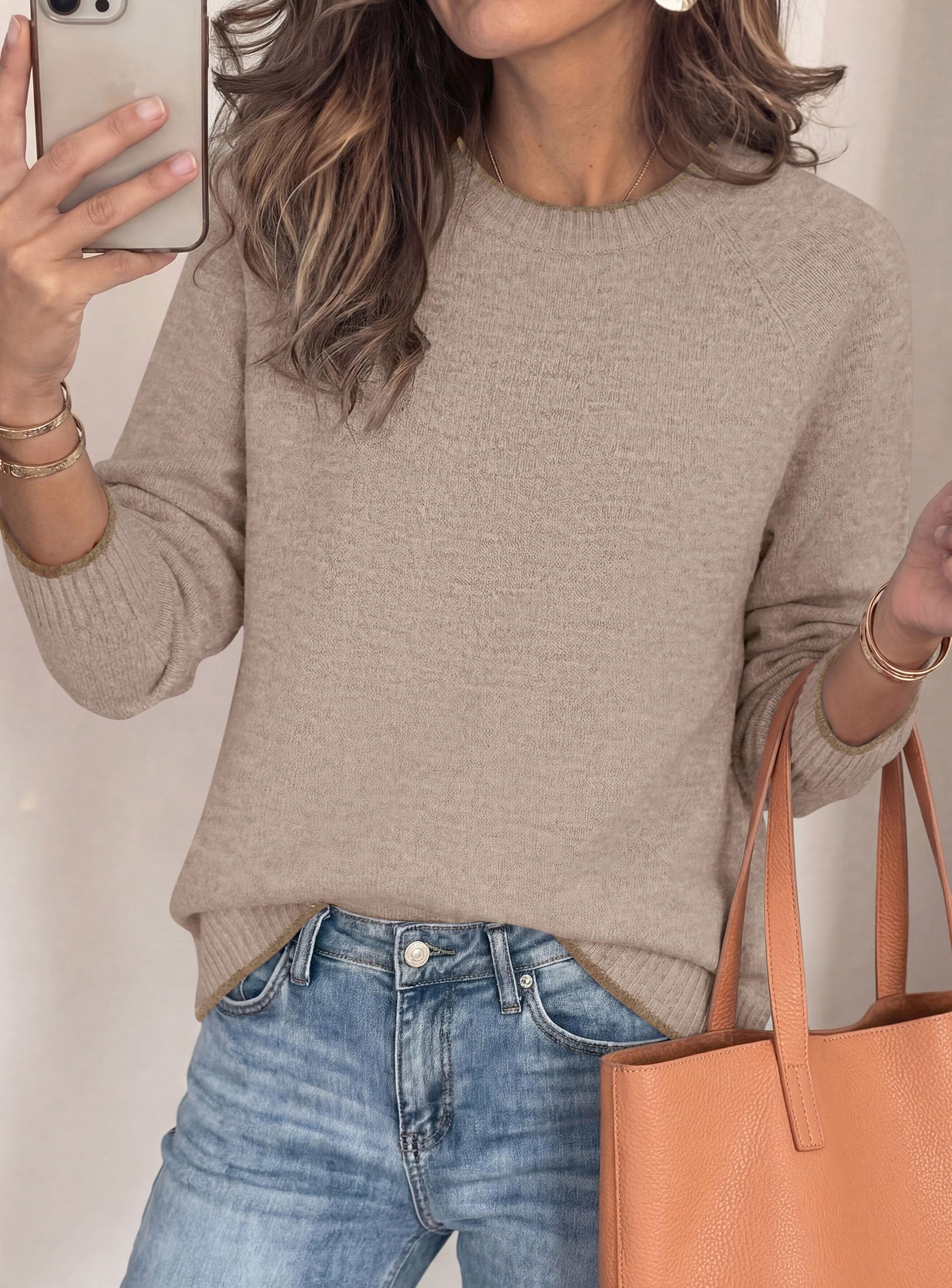 Womens Crewneck Fall Sweaters Pullover Tops,Khaki,S