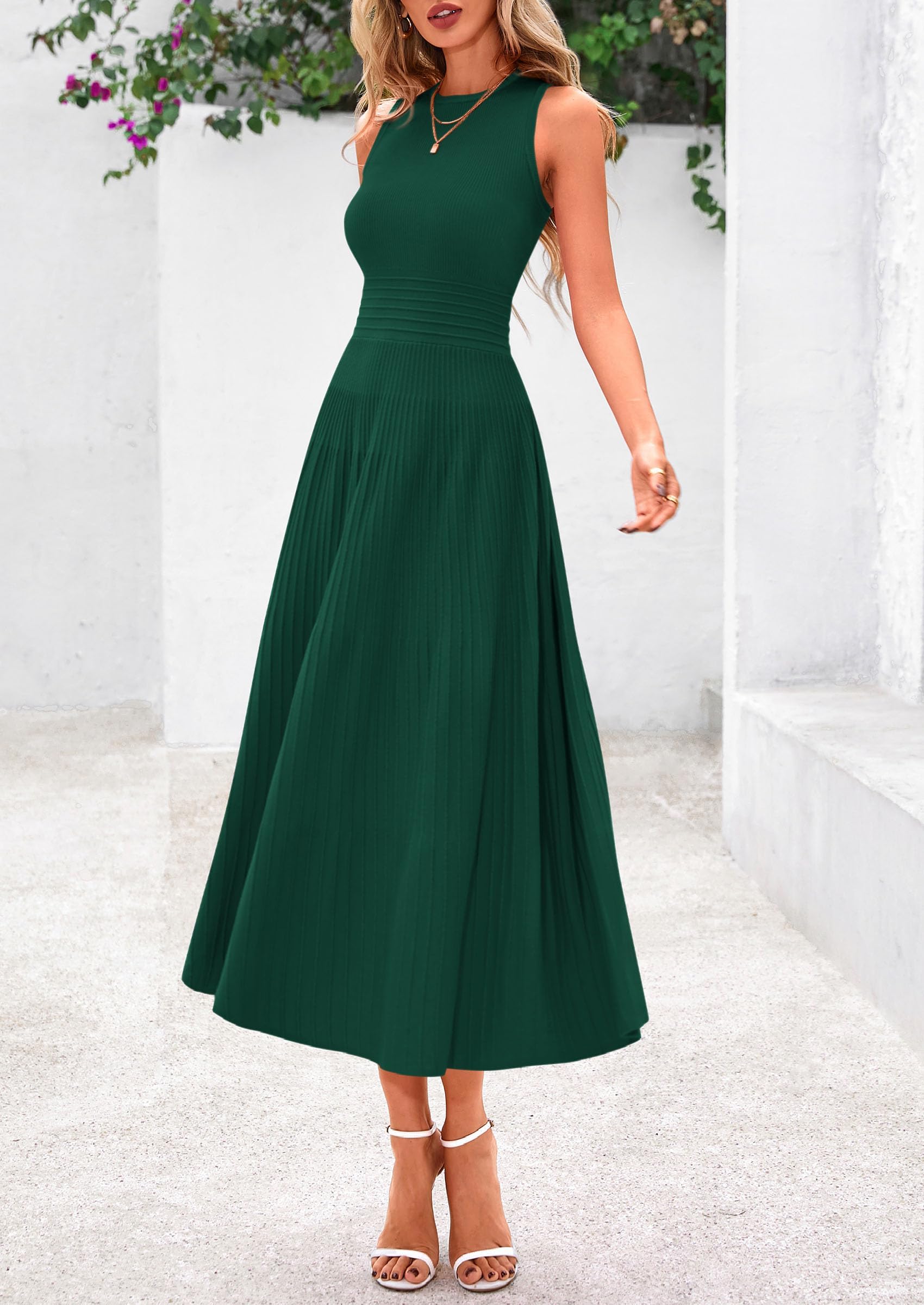 Women's Summer Pleated Midi Work Dress,Dark Green,S