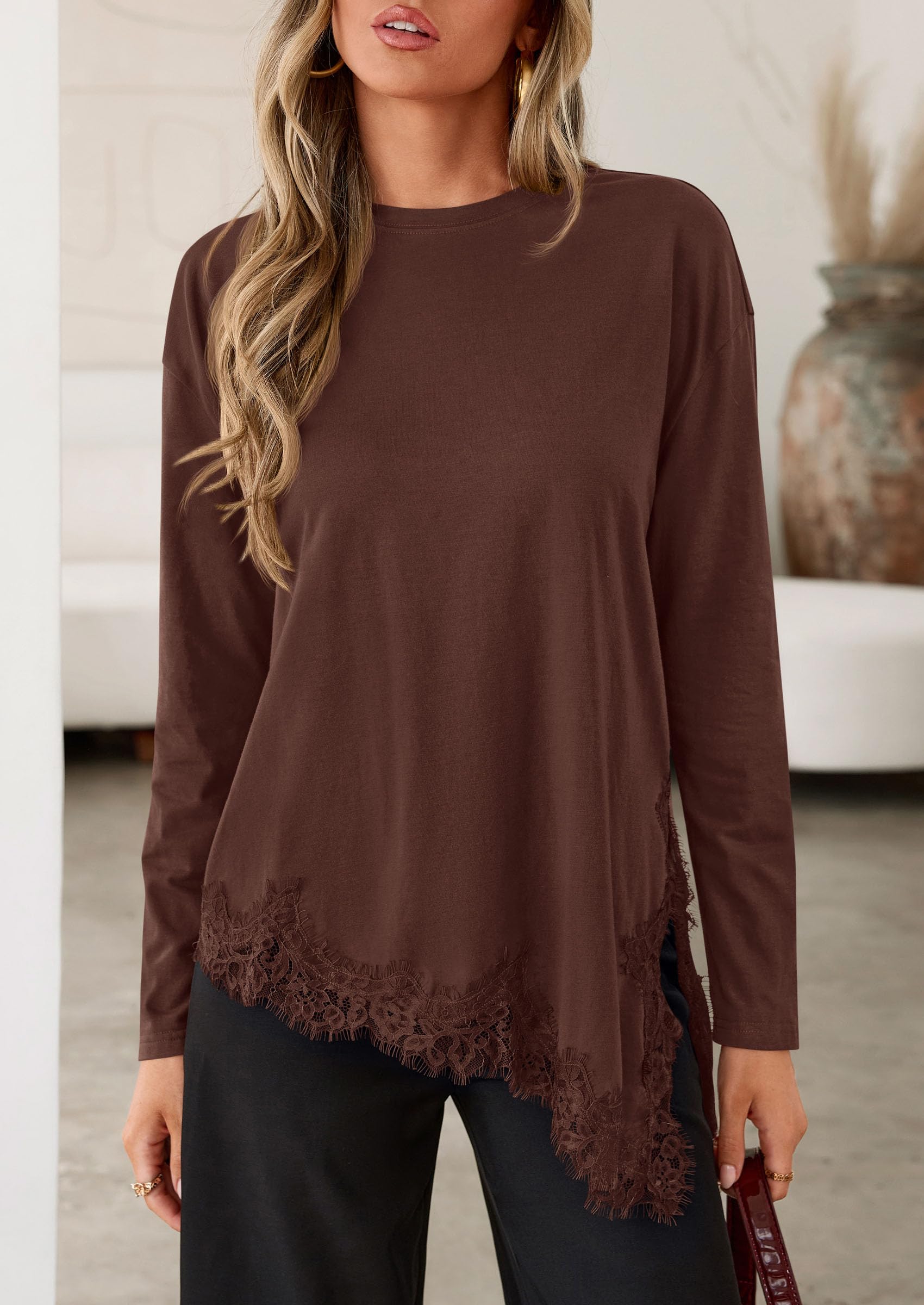 Women's Long Sleeve Asymmetrical Lace Tops Oversized Tshirts