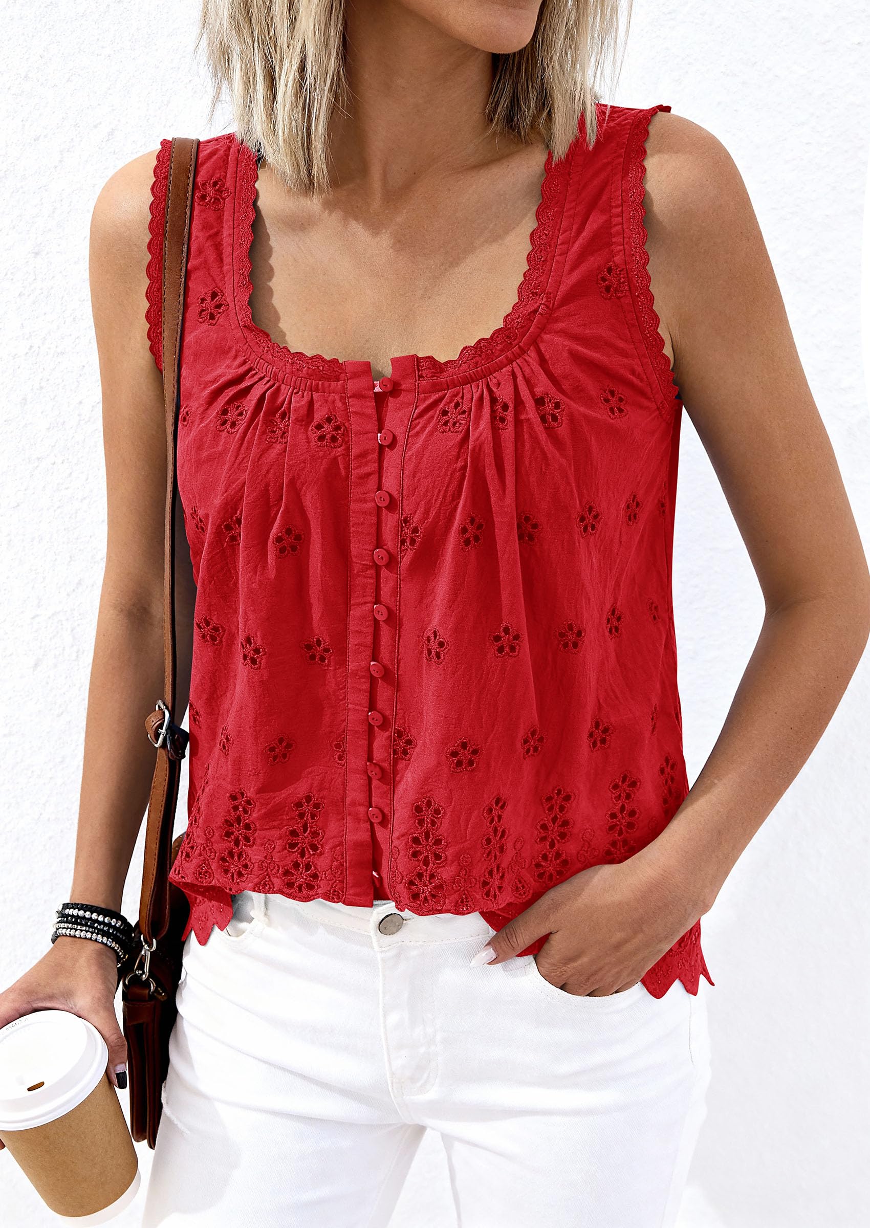 Women's Lace Tank Top Embroidery Eyelet Blouses,Red,S