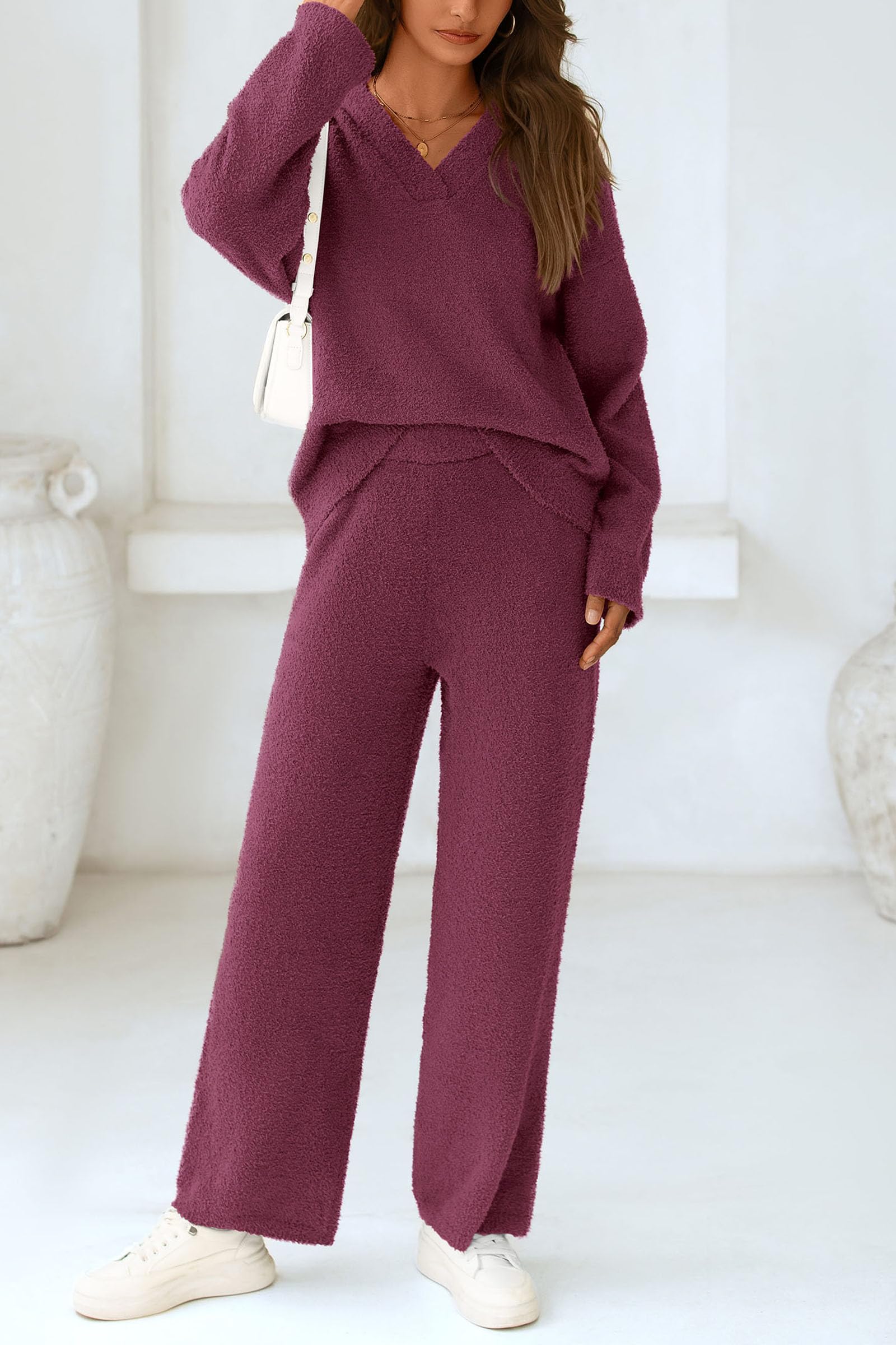 Lounge Sets for Women Fall 2 Piece Fuzzy Sweater Pajama Set