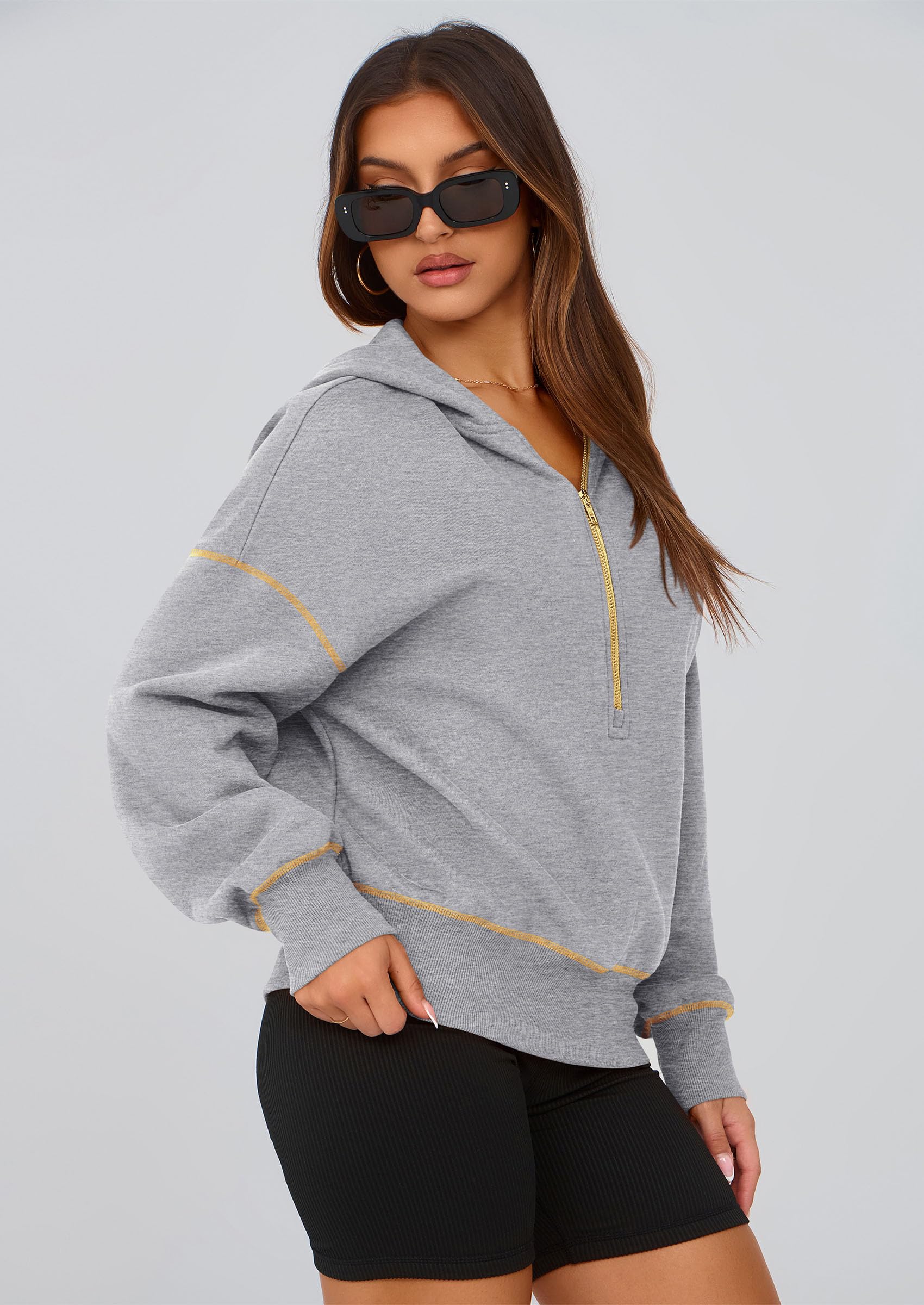 Women's Fall Half Zip Cropped Hoodie Sweatshirt Grey