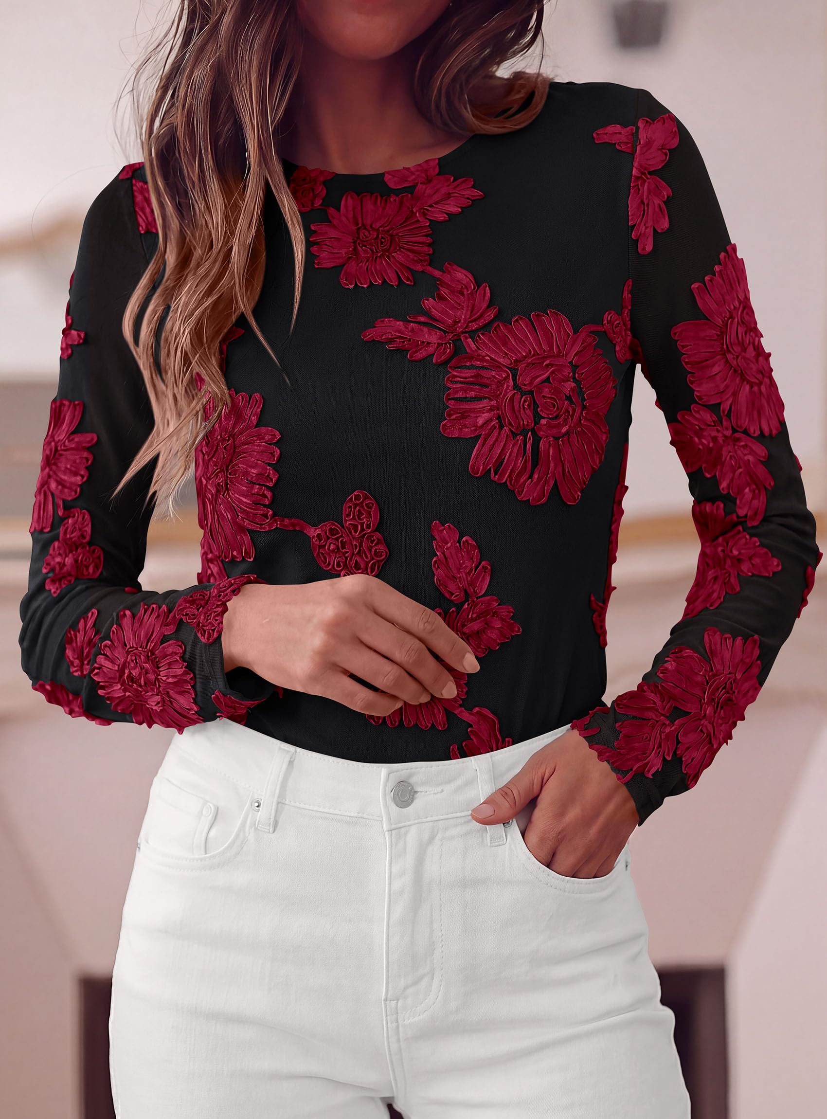 Women's Mesh Long Sleeve Embroidered Floral Tops Fall Blouses