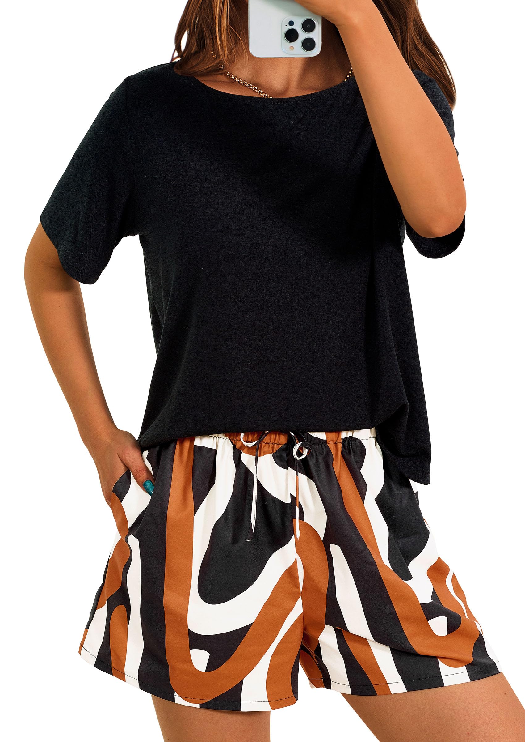 Women's Summer 2 Piece Outfits Short Sets Black Multicolored