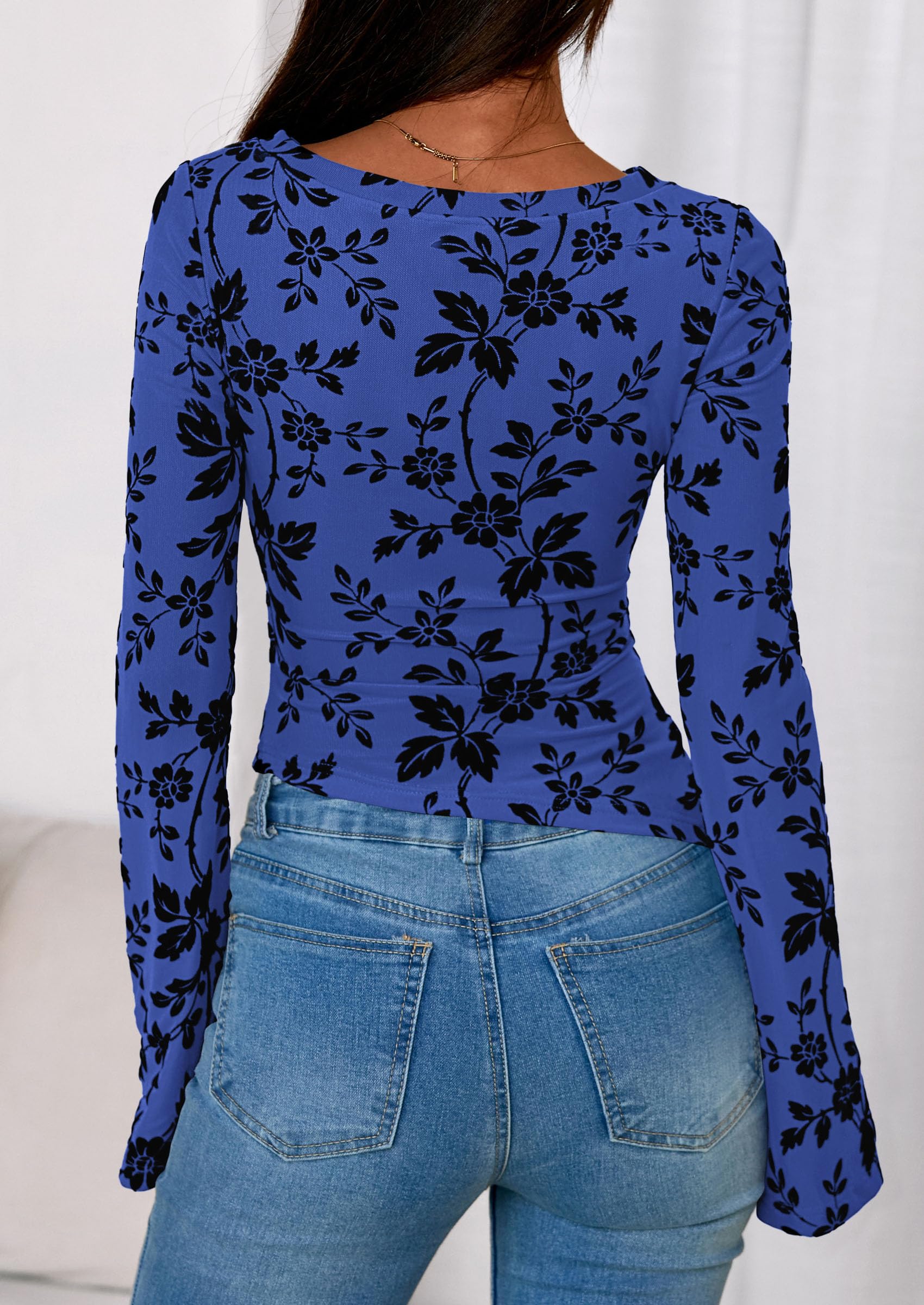 Women's Long Bell Sleeve Y2K Tops Boho Floral Mesh Blouses