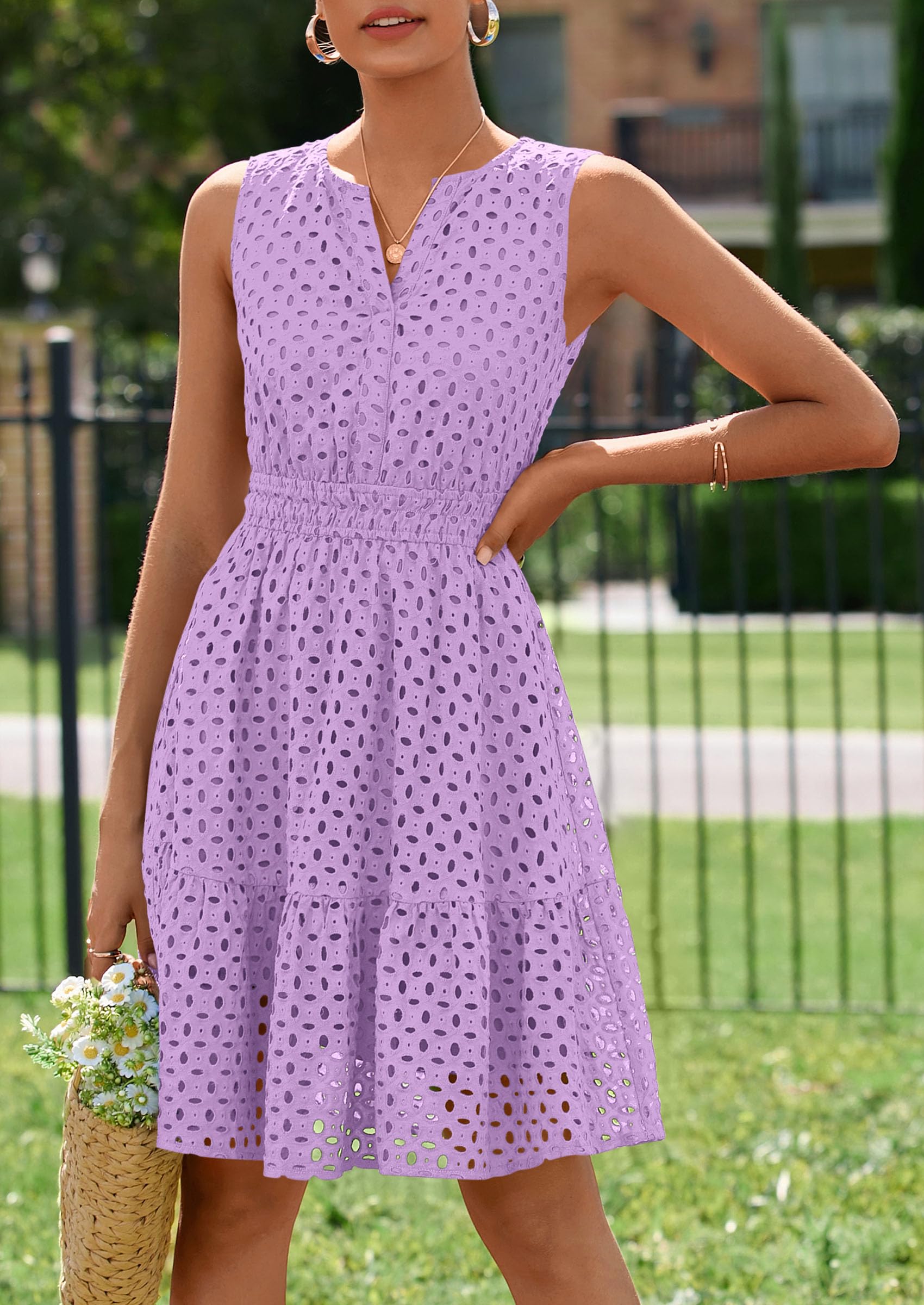 Women's Summer Eyelet A Line Short Dresses,Purple,S
