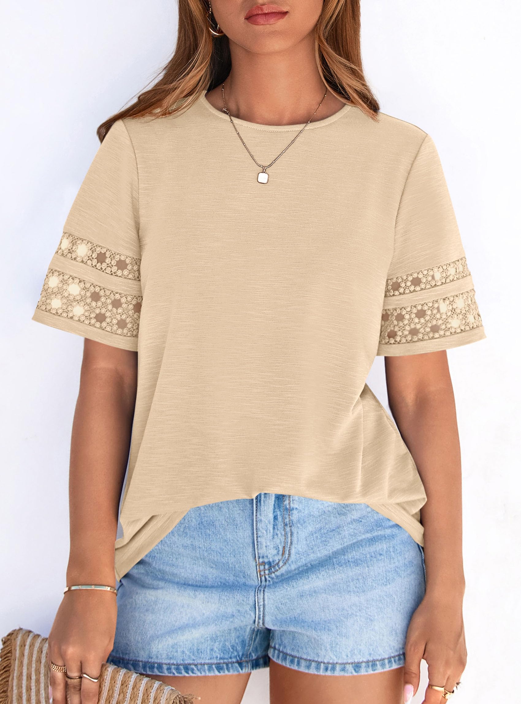 Women's Summer Short Sleeve Lace Trim T-Shirts,Beige,S