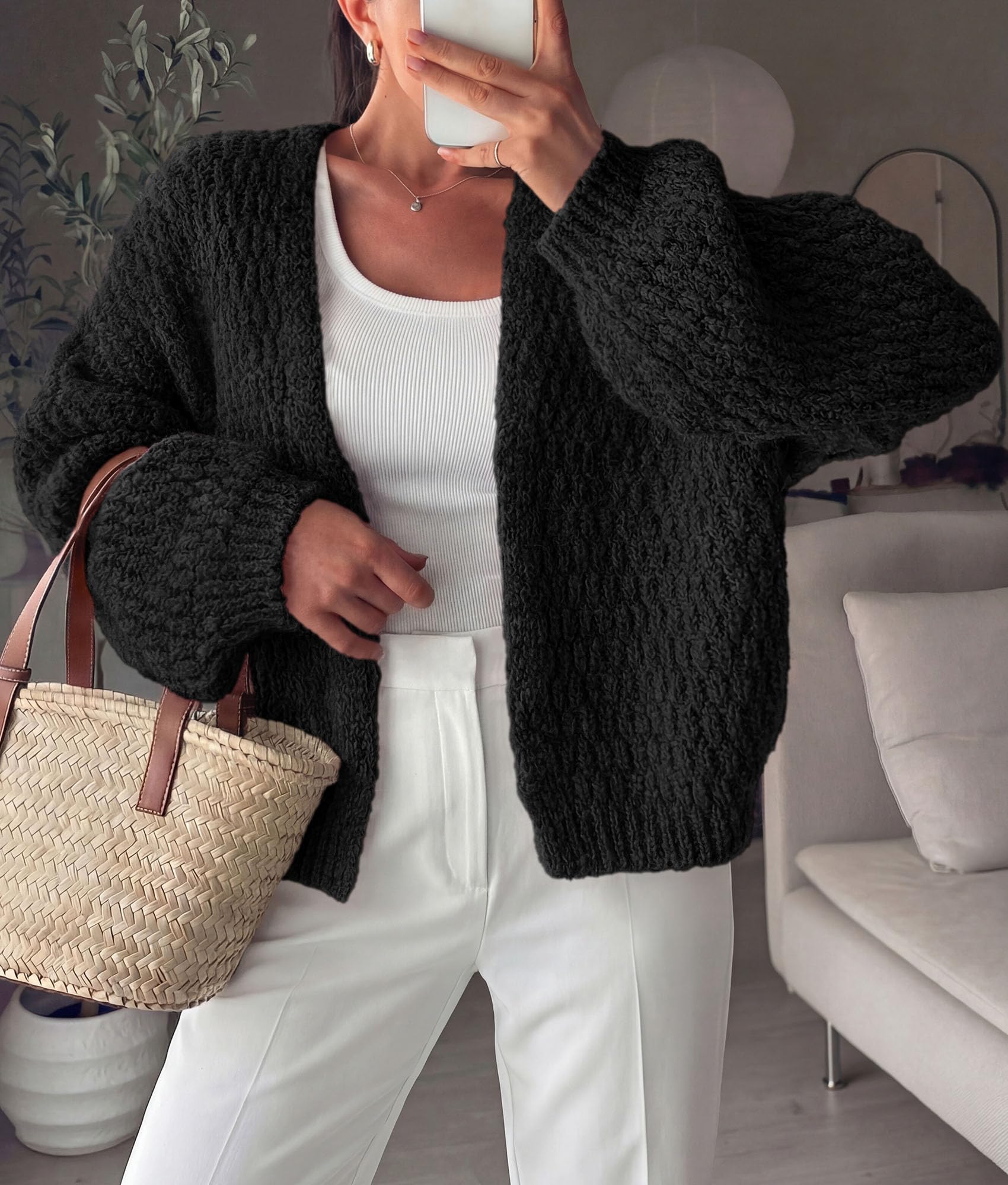 Women's Fall Cardigan Open Front Chunky Sweaters Black S