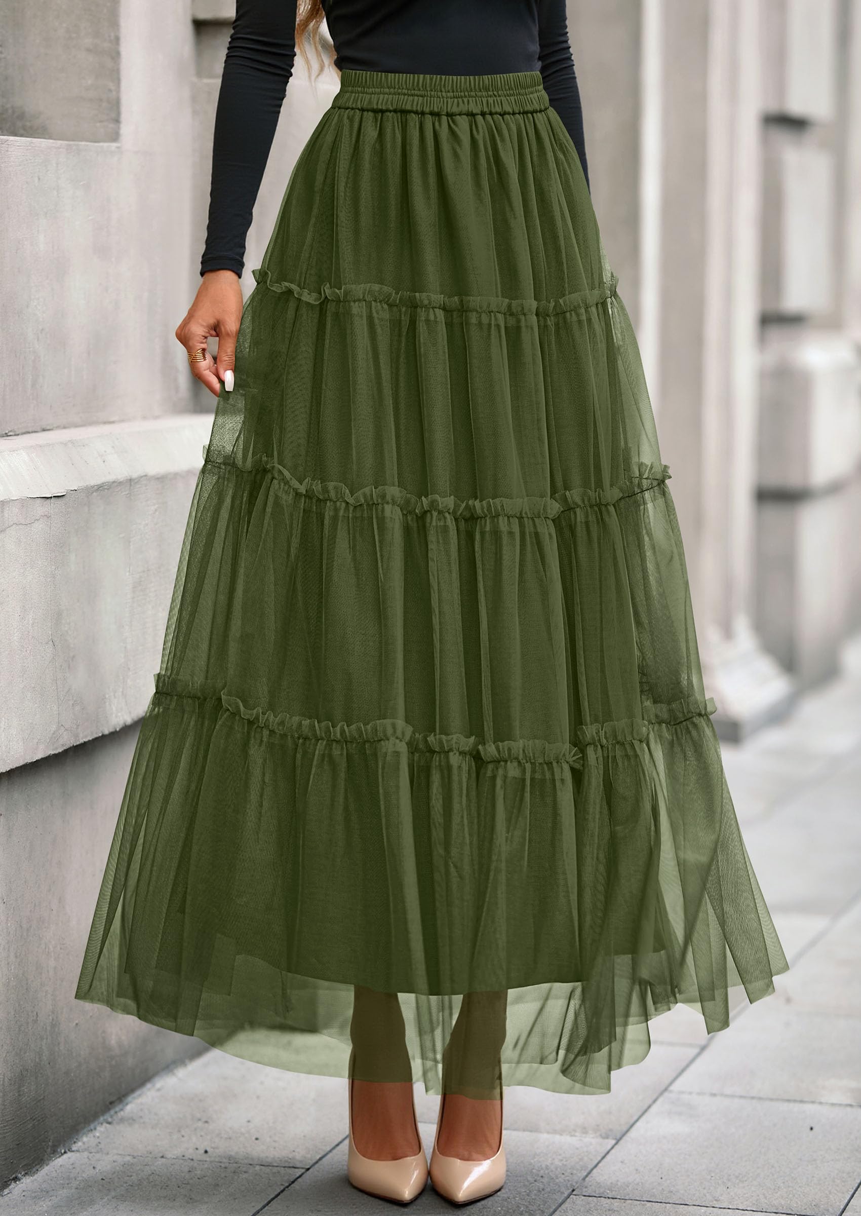 Women's Fall Soft Tulle Tiered Long Skirt,Army Green,S