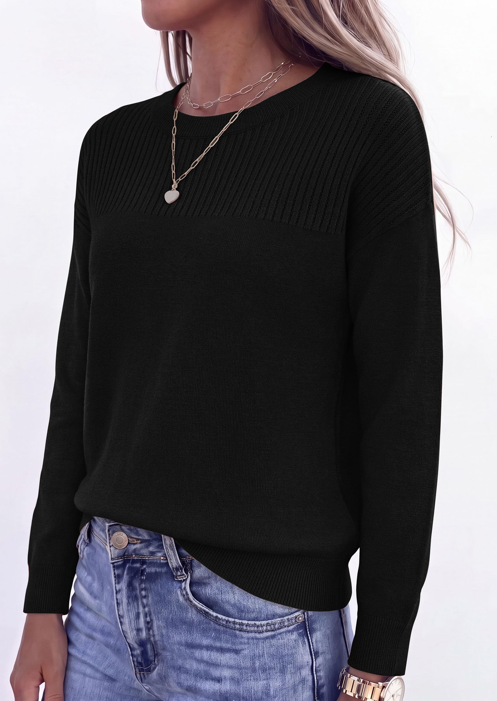 Sweaters for Women Fall Crewneck Knit Cropped Sweater Black