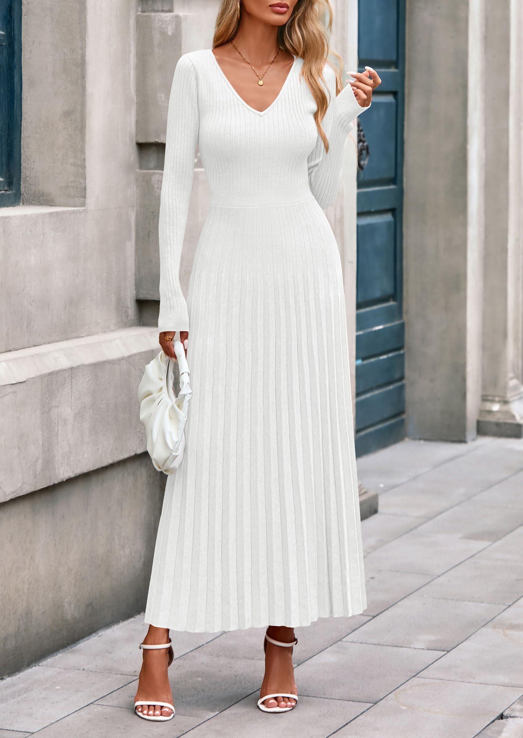 Sweater Dress Women Long Sleeve Maxi Flowy Pleated Dresses