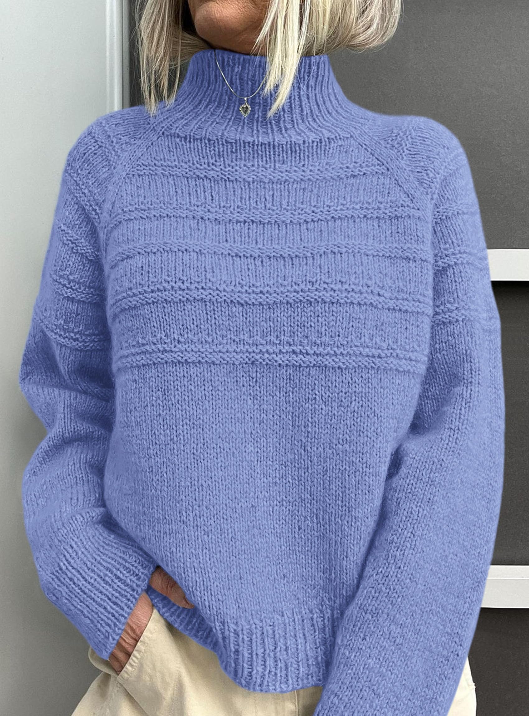 Women's Chunky Knit Mock Neck Pullover Sweaters,Blue,S