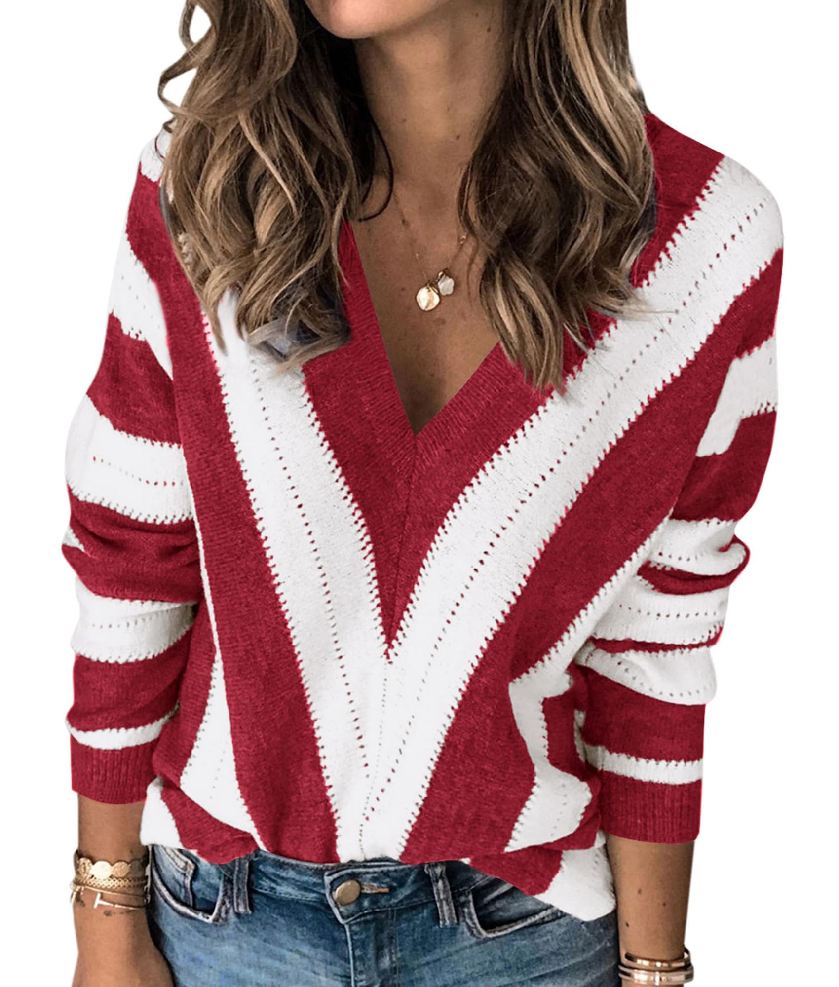 Women's V Neck Striped Knit Pullover Sweater