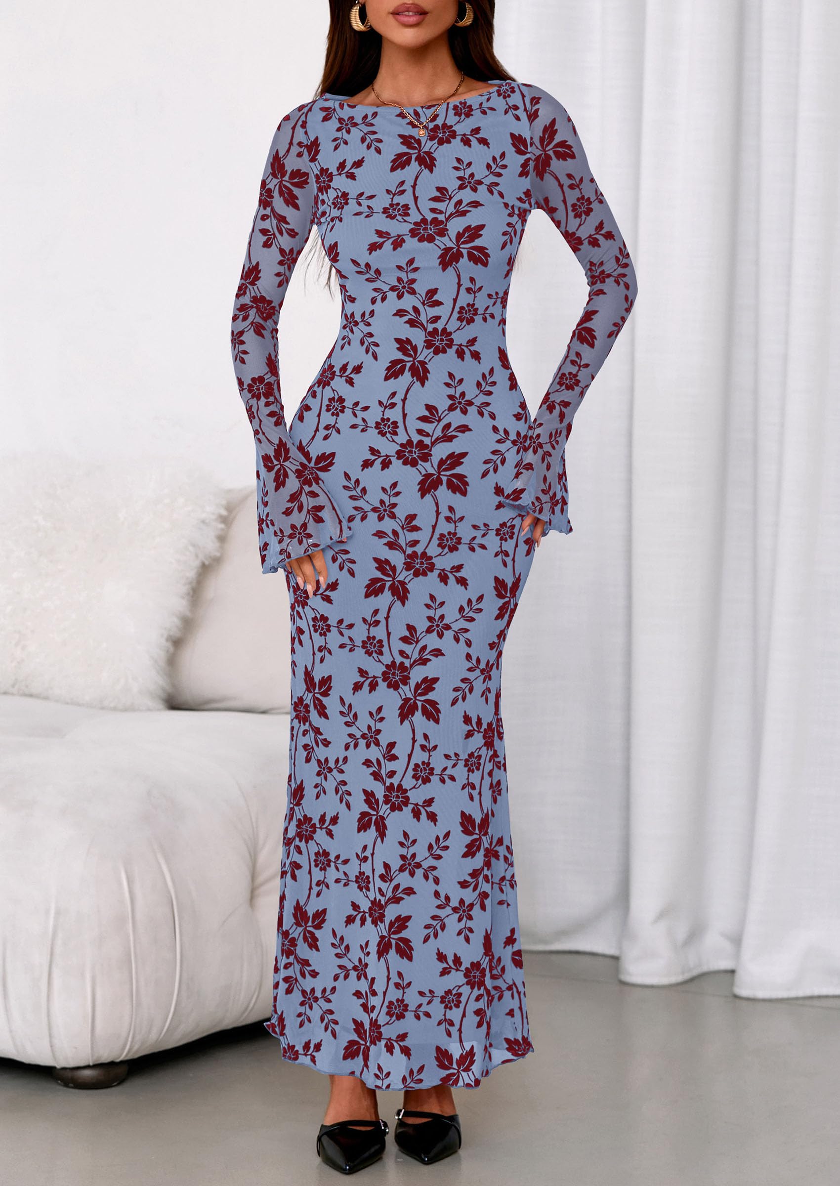Women's Floral Bodycon Maxi Dress Wedding Guest Dresses
