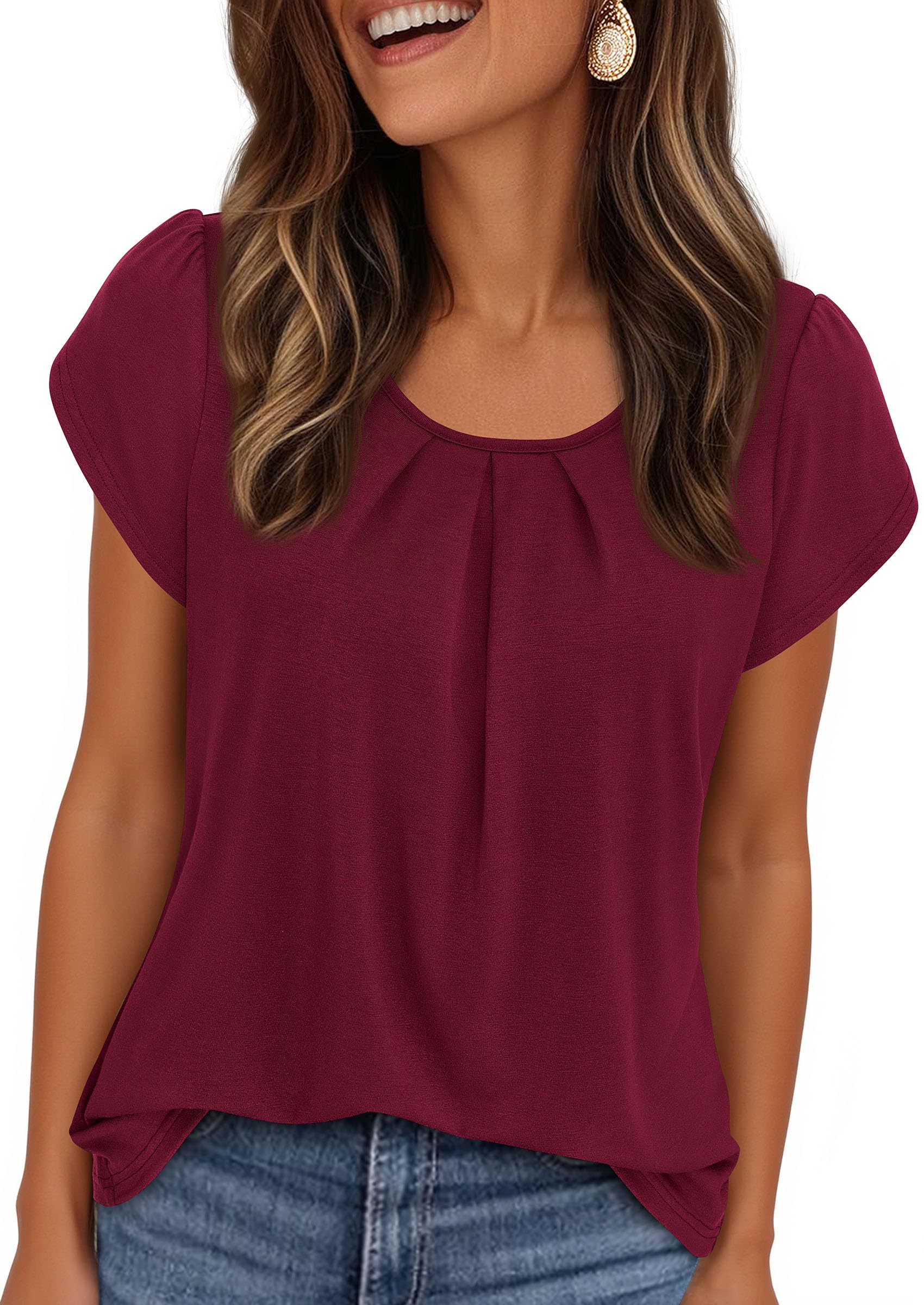 Women's Summer Short Sleeve Tops Casual Blouses,Burgundy,S