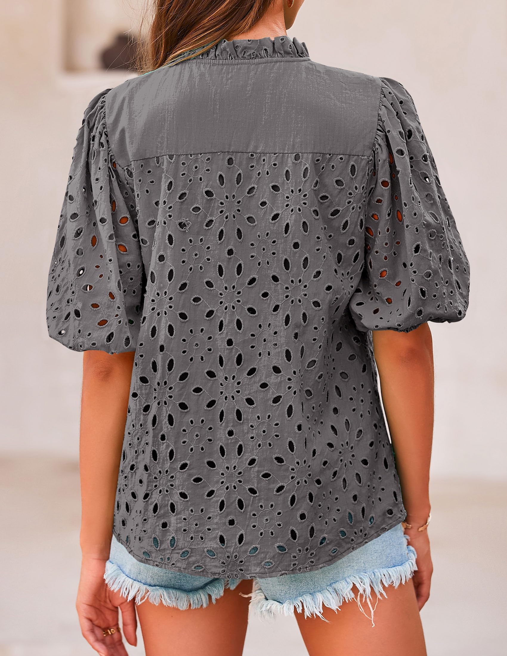 Womens Tops Boho Eyelet Puff Sleeve Blouse, Dark Grey,S