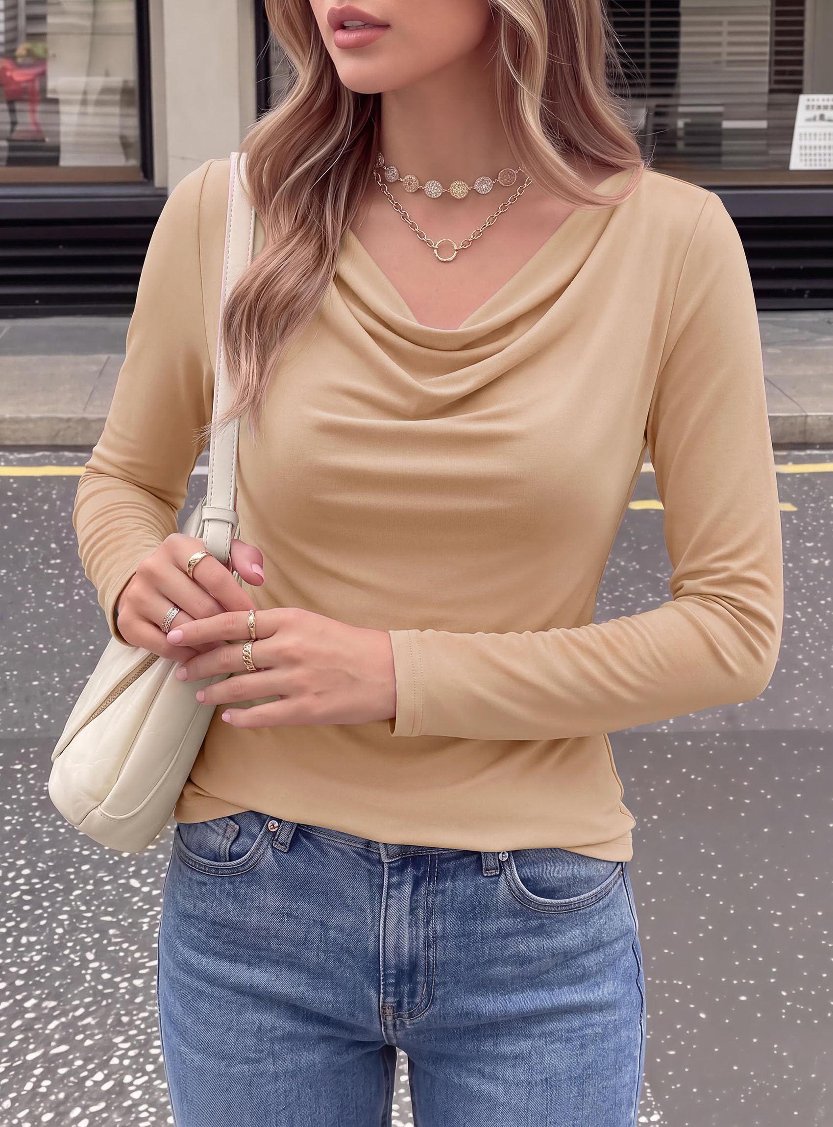 Cowl Neck Tops for Women Fashion Long Sleeve Shirt Khaki