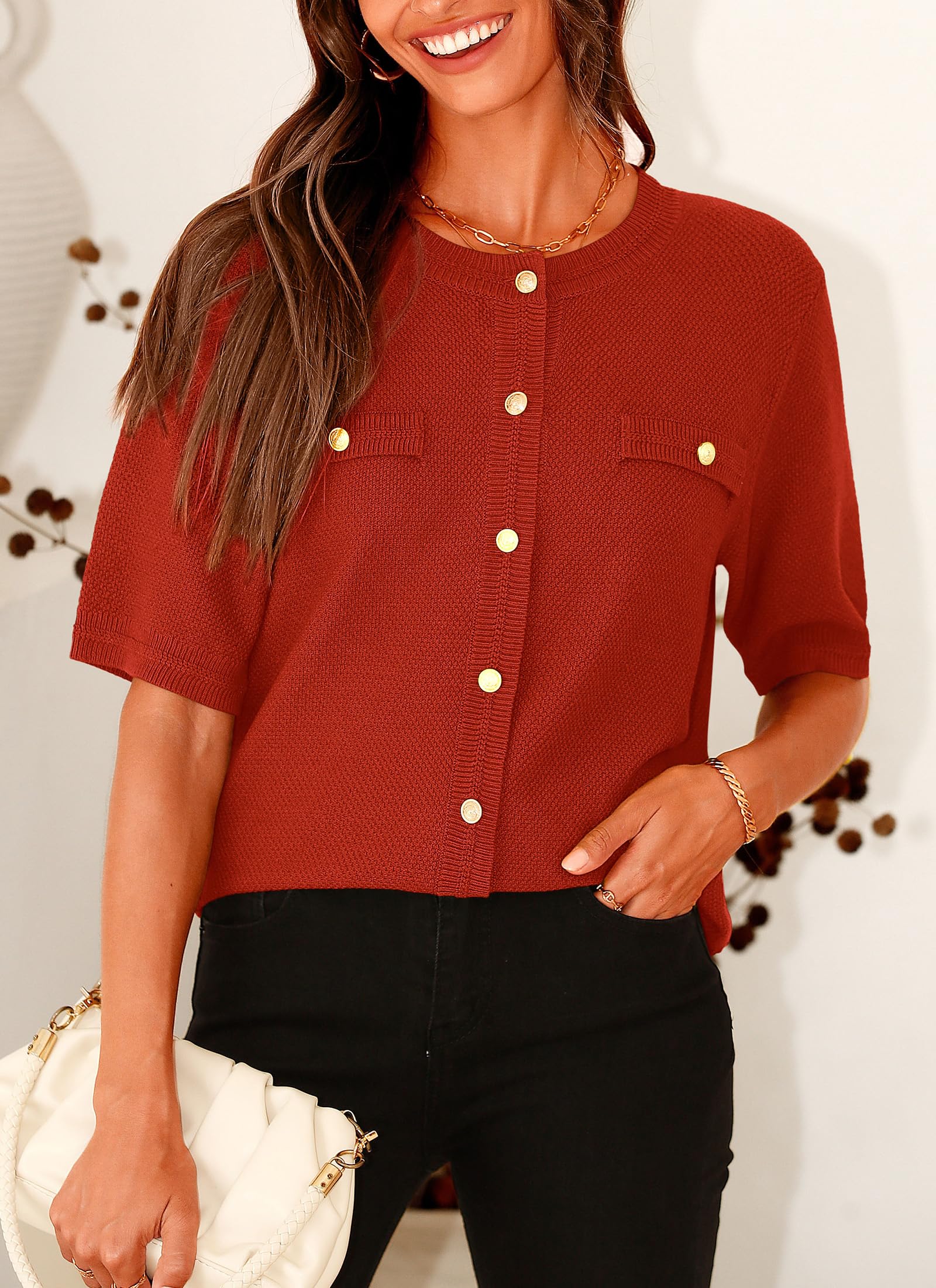 Women's Summer Casual Button Down Shirts Rust Red,Small