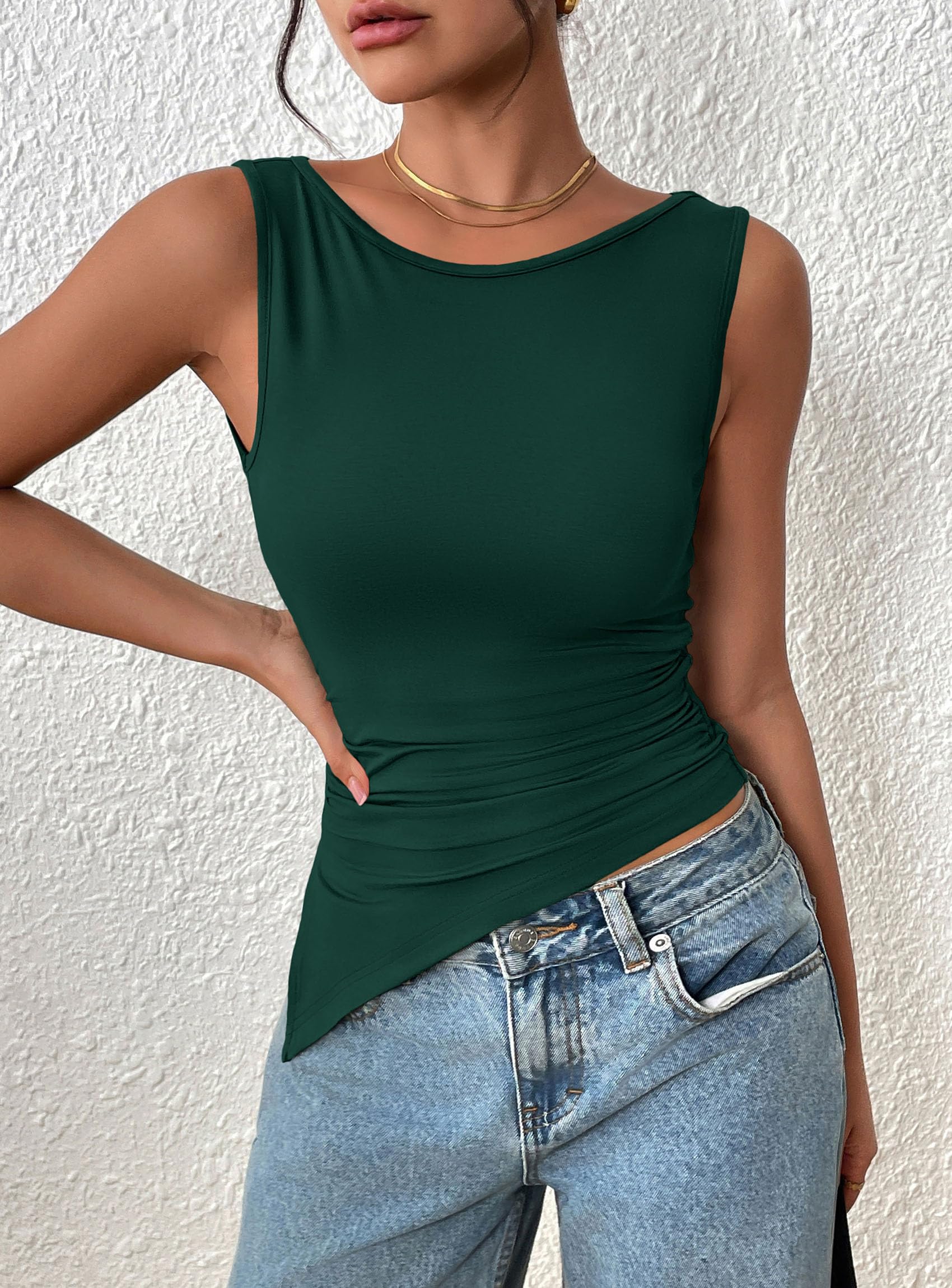 Women's Ruched Tank Tops Summer Y2K Shirts,Dark Green,S