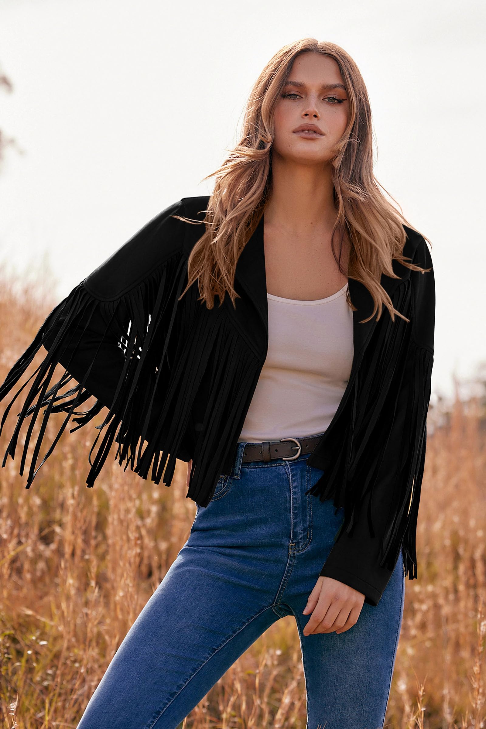 Women's Fringe Faux Suede Leather Jackets,Black,S