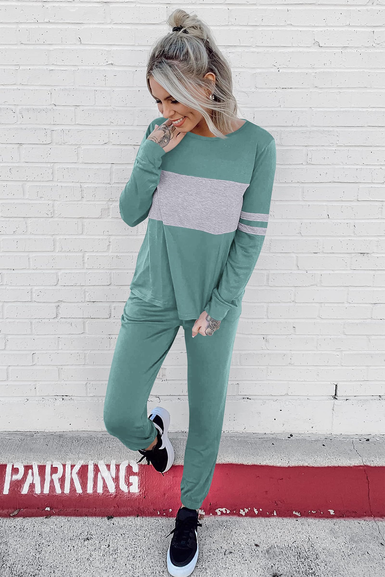 Women Color Block 2 Piece Sets Tracksuit,Fruit Green,S