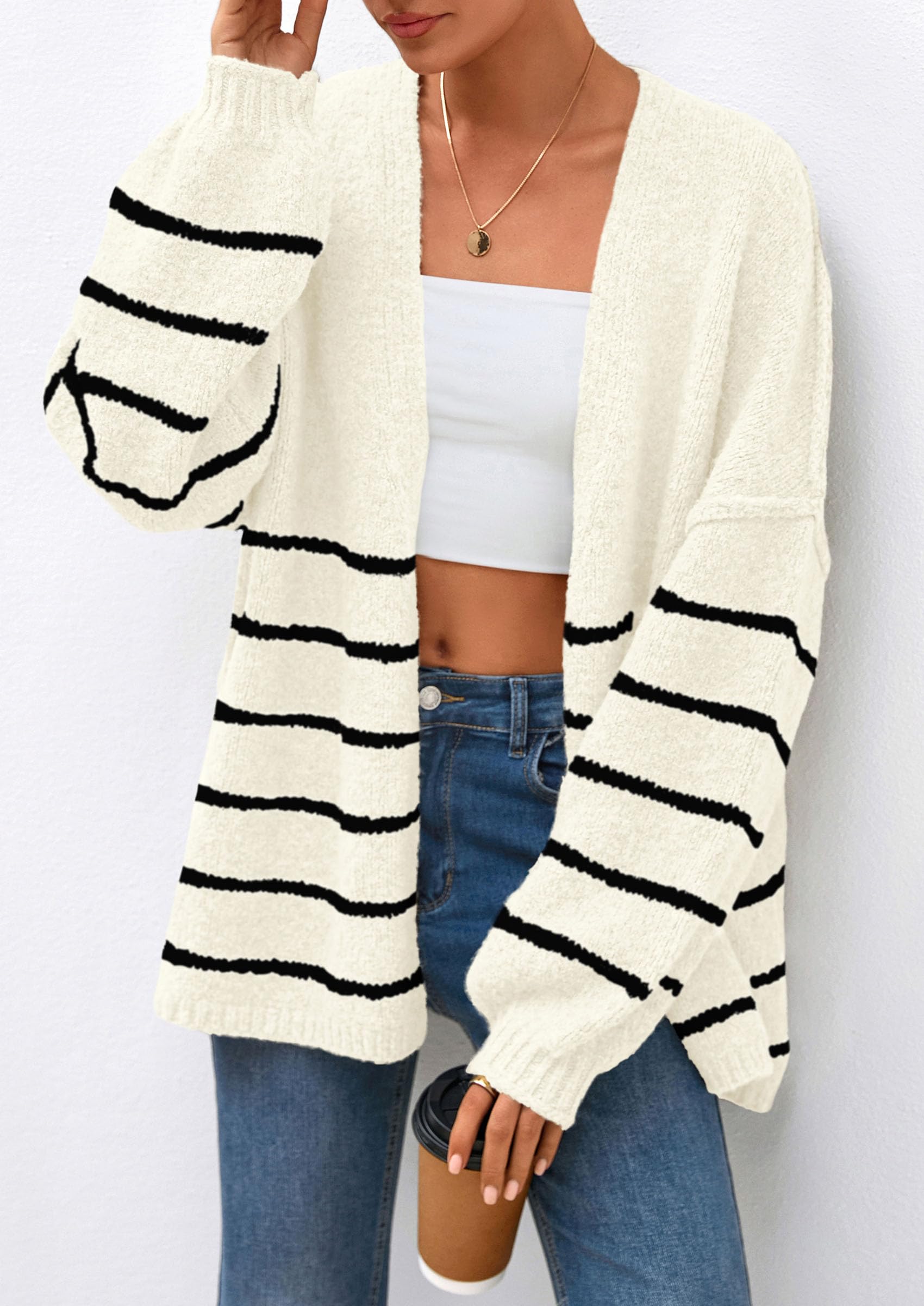 Womens Oversized Cardigan Sweaters 2026 Fall Long Lantern Sleeve Knit Open Front Lightweight Sweater (Striped White Black,Small)