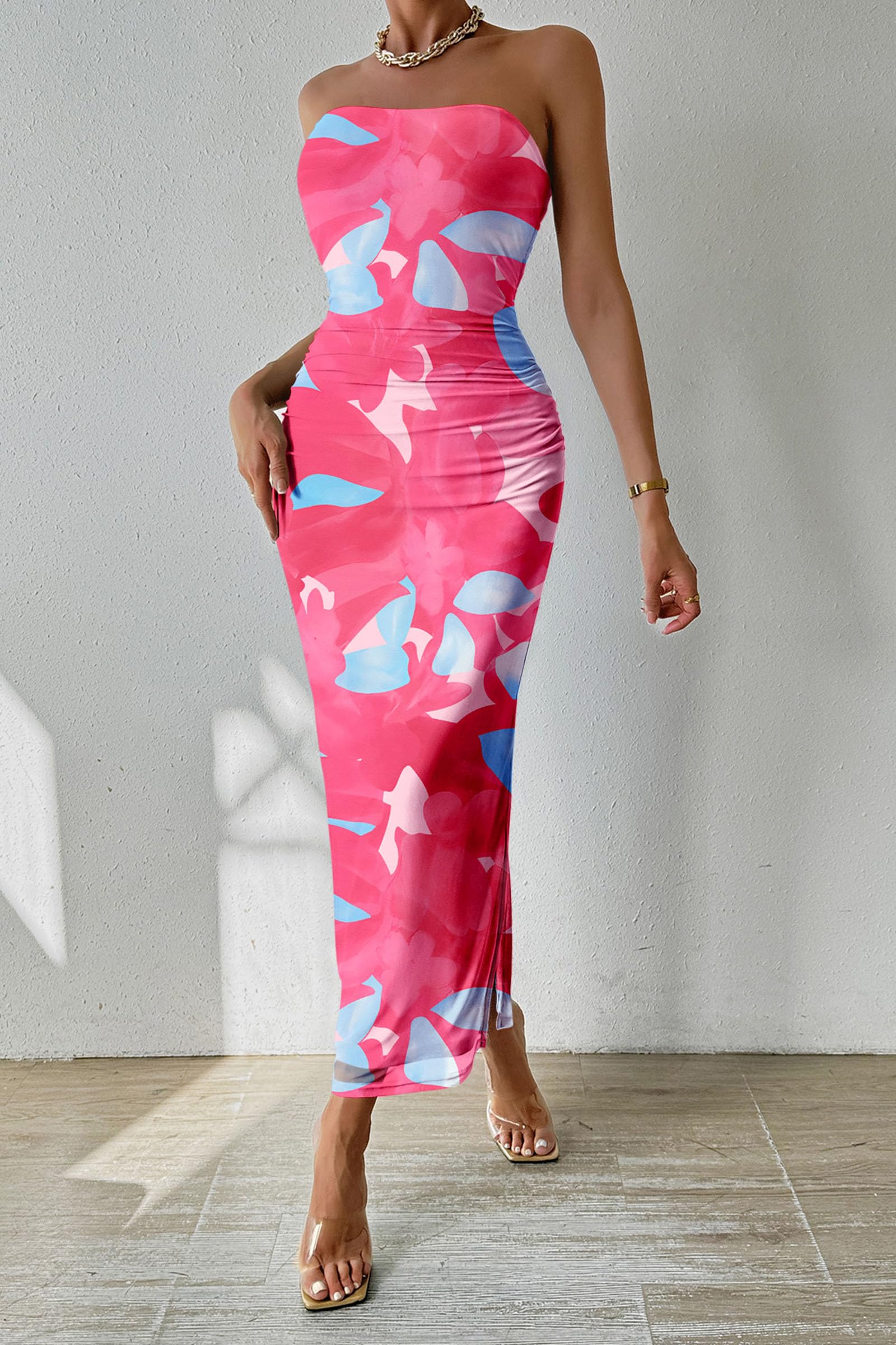 Womens Strapless Bodycon Maxi Dress, Floral Rose Red,S