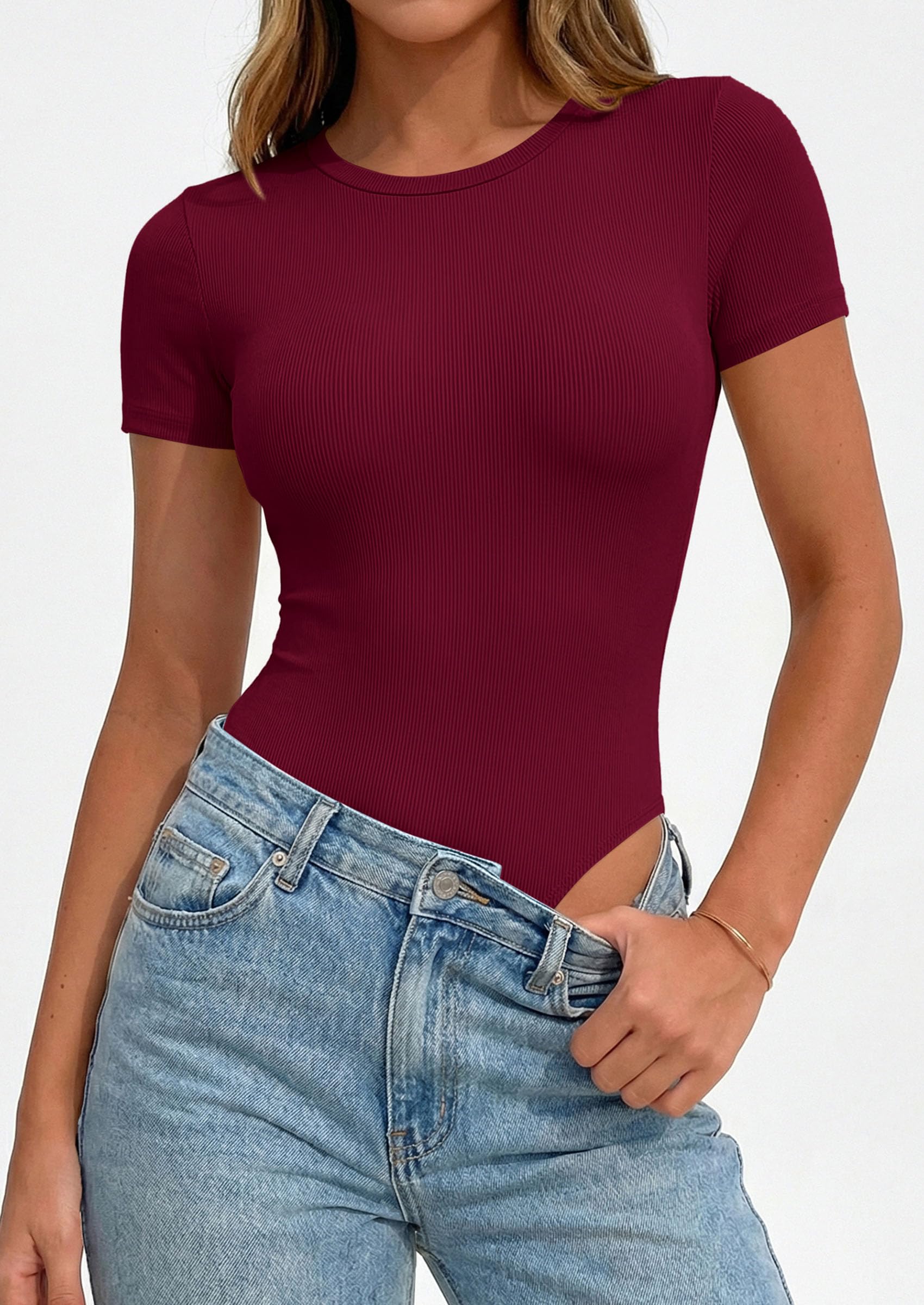 Body Suits for Womens Short Sleeve Summer Tops, Burgundy,S