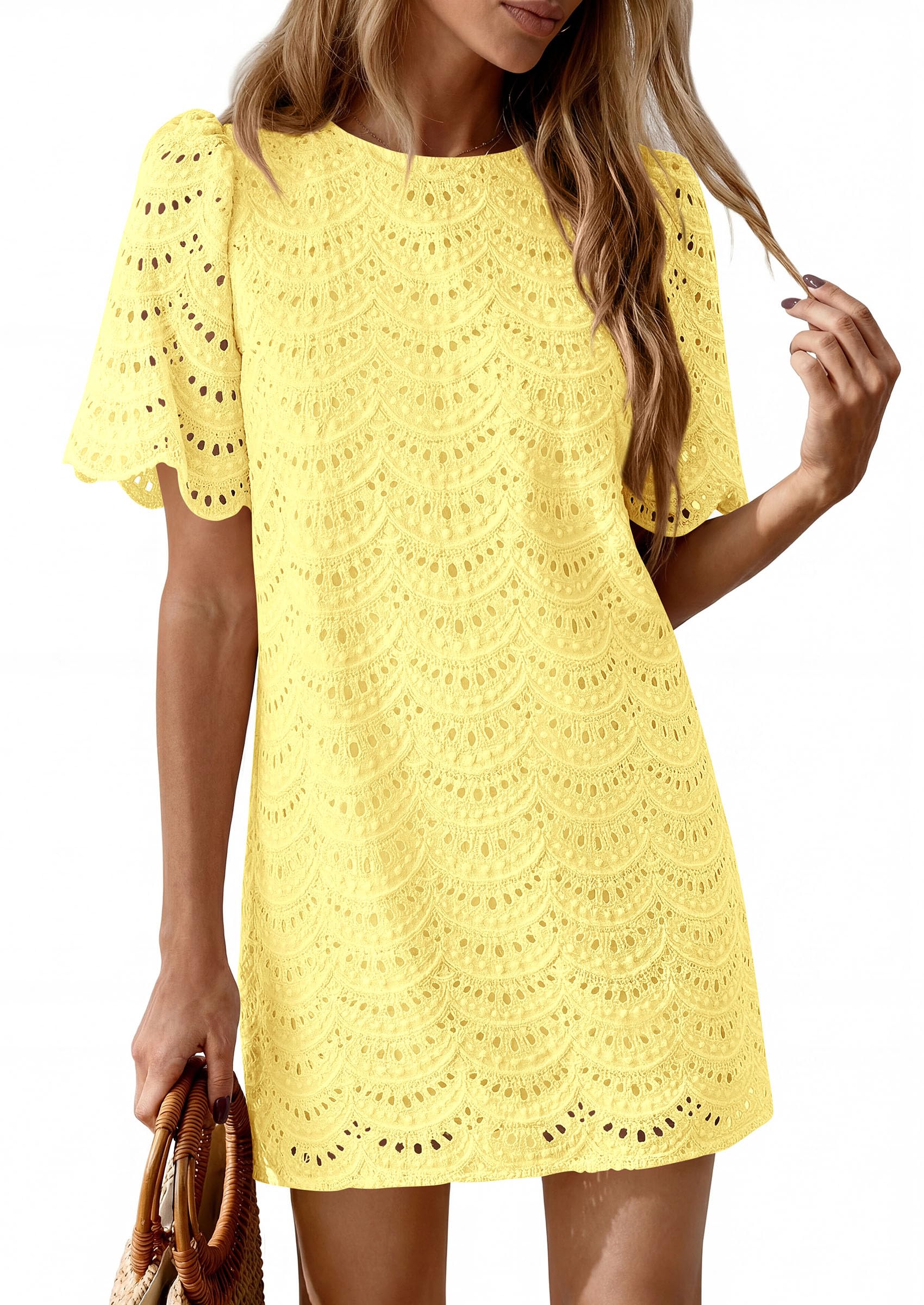 Women's Summer Eyelet Lace Short Dress (Yellow,S)