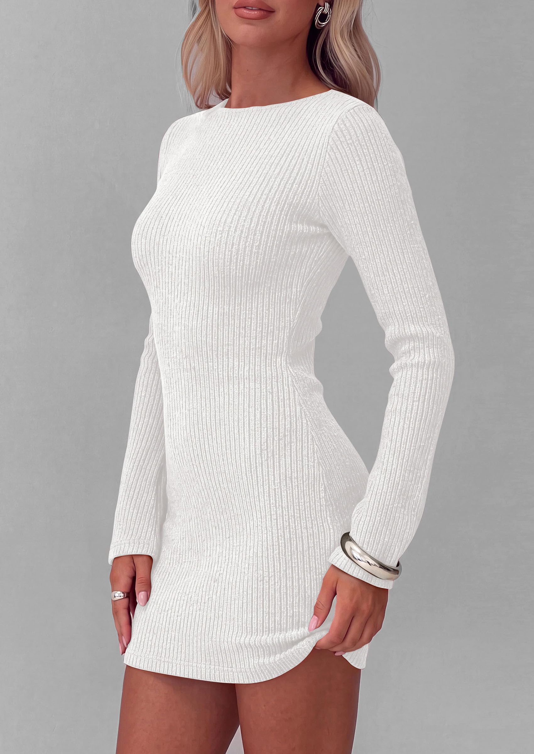 Womens Boat Neck Bell Long Sleeve Mini Sweater Dress White