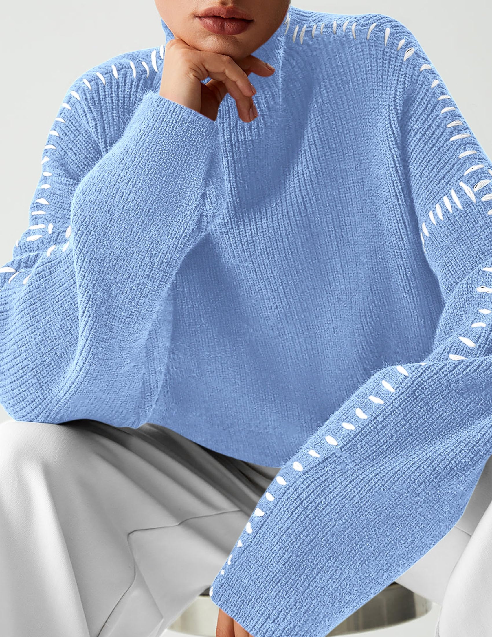 Womens Chunky Knit Oversized Pullover Sweaters,Light Blue,S