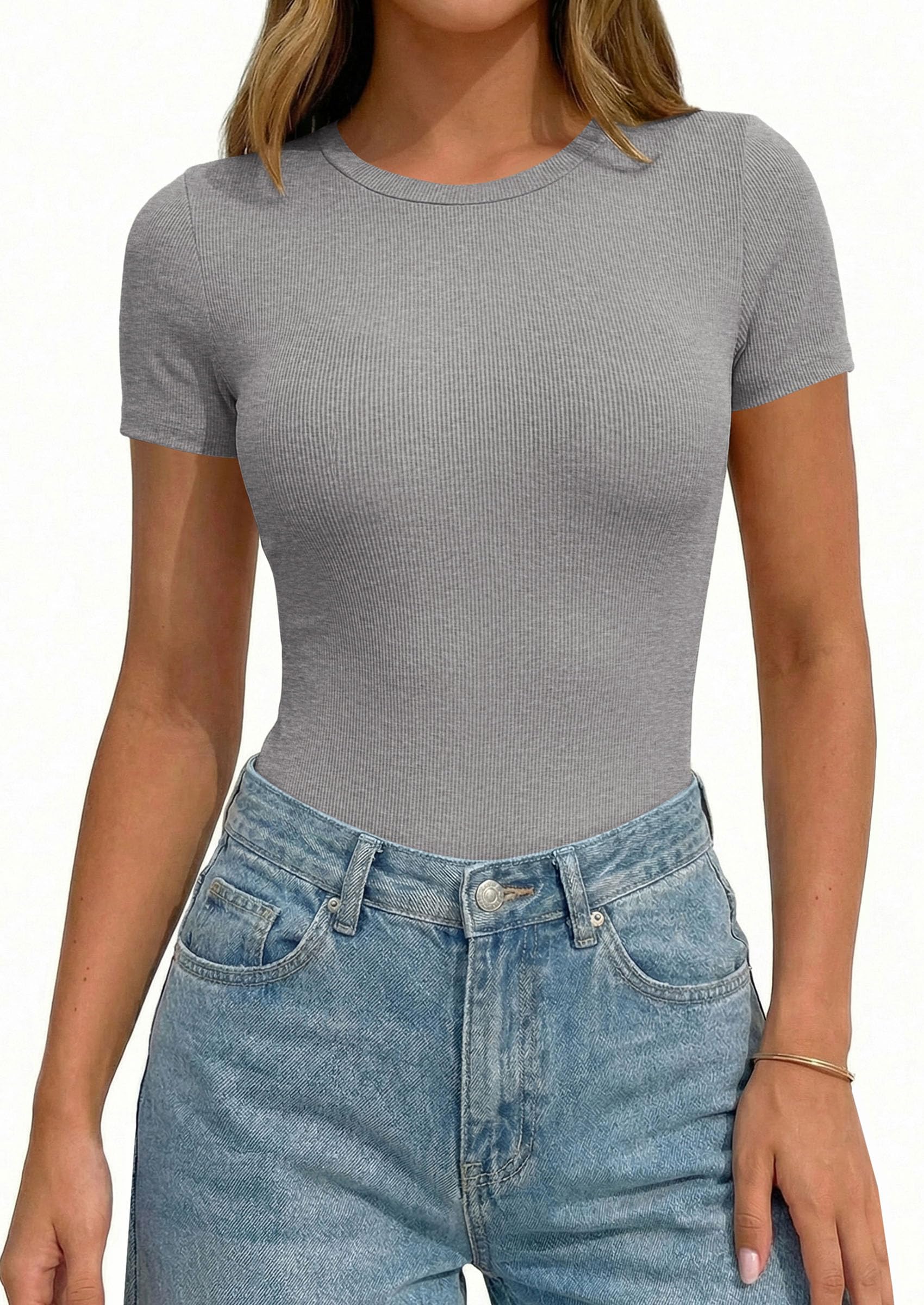 Body Suits for Womens Short Sleeve Summer Tops, Grey,S