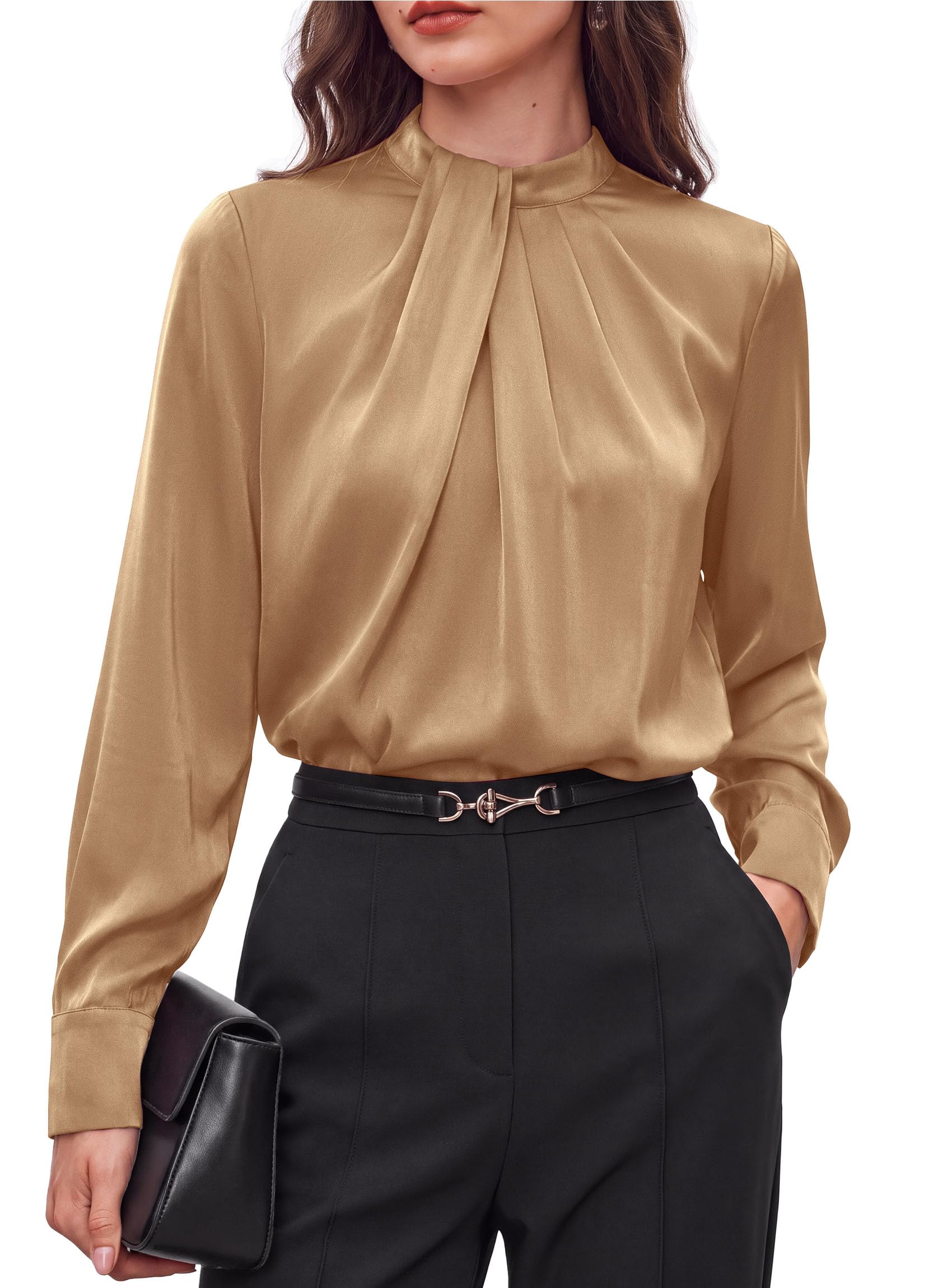 Satin Blouses for Women Dressy Casual Long Sleeve Shirts Khaki