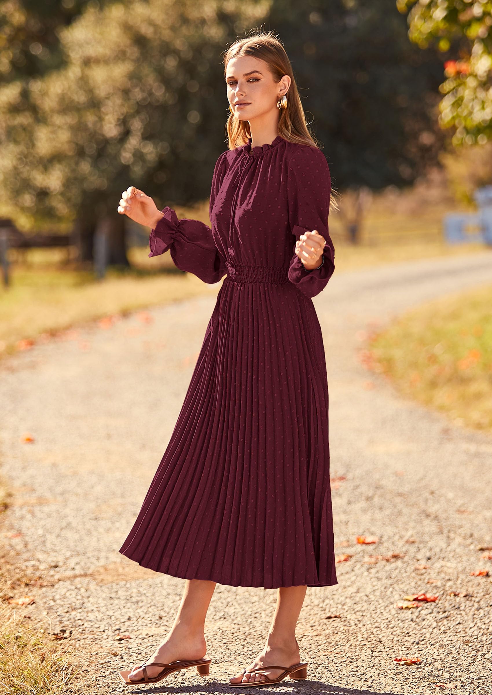 Women's Fall Midi Wedding Guest Dress(Dark Wine Red,Small)