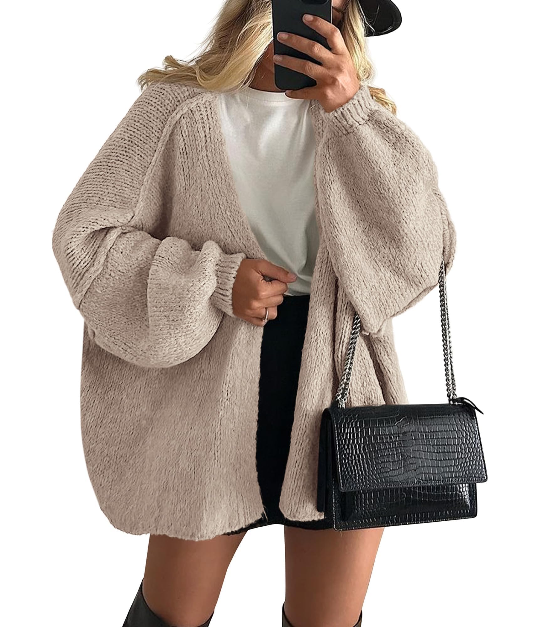 Womens Open Front Oversized Cardigan Sweaters,Grey Beige,M