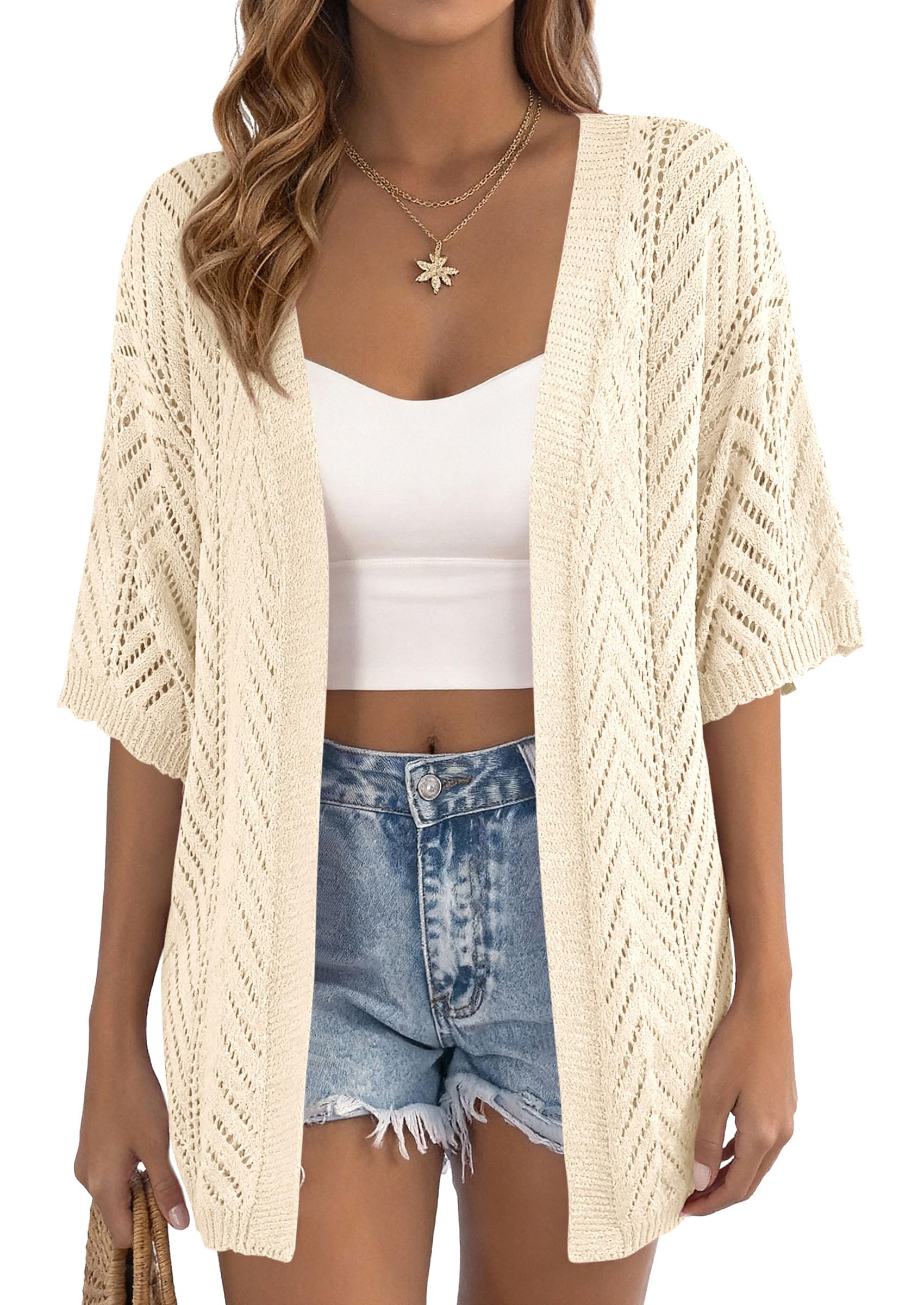 Women Lightweight Summer Short Sleeve Cardigan, Beige,S