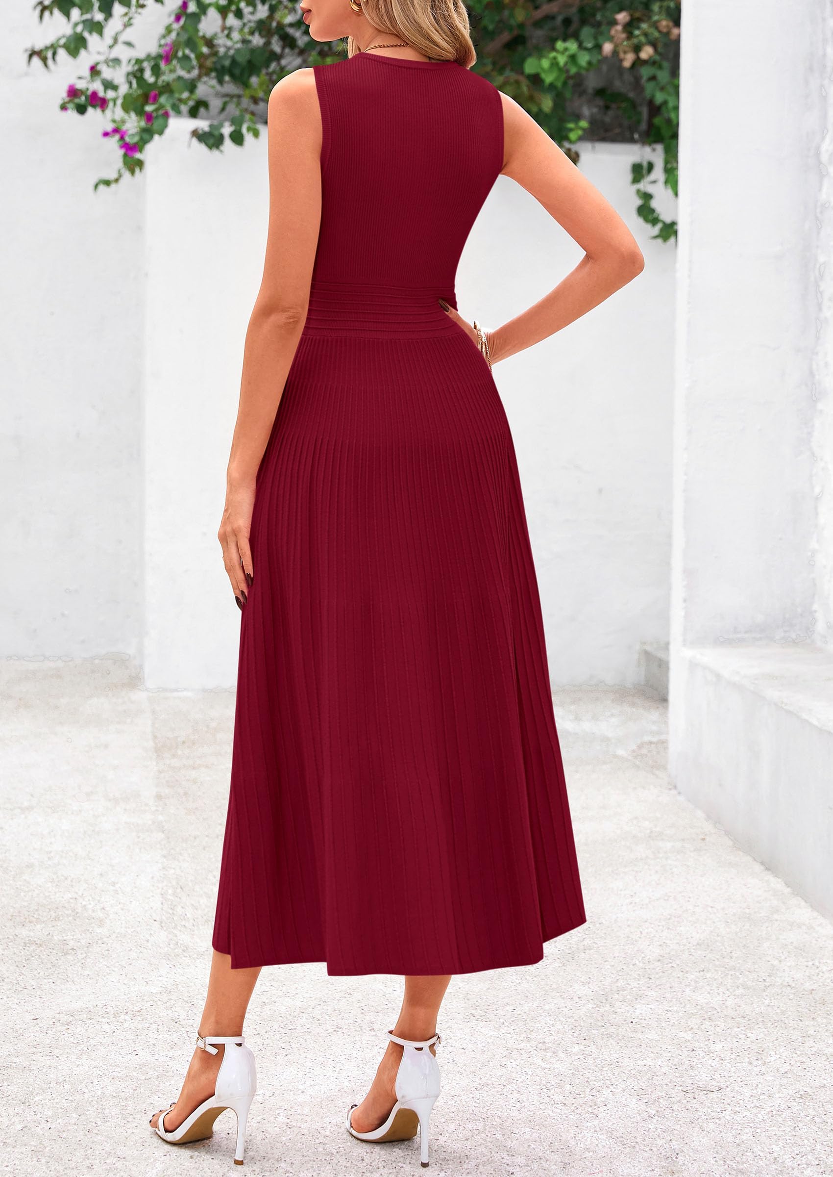 Women's Summer Pleated Midi Work Dress,Burgundy,S